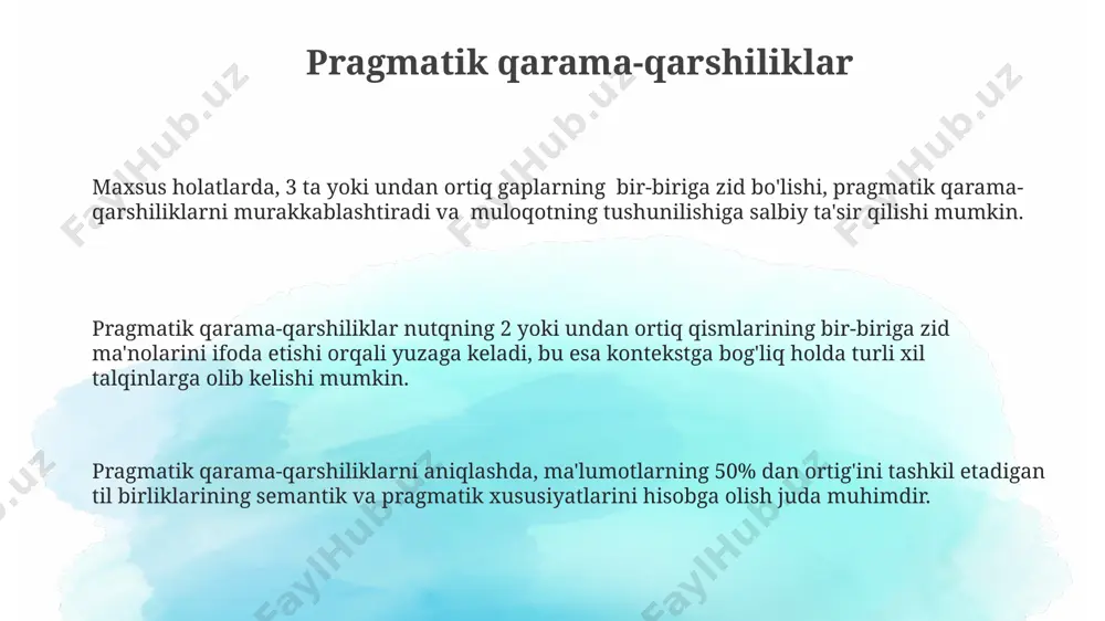 qni aniqlash va ularning oʻzaro munosabatlarini ochib berish orqali, til tizimining boyligini namoyon etishdir. qarama-qarshiliklar, sinonimlar bilan birga, leksik ma’nolarni aniqlashda muhim rol oʻynaydi, ular soʻzlarning semantik maydonini chegaralab, 3 ta asosiy xususiyatlarni - oʻzaro aloqadorlik, farqlanish va qarama-qarshilikni ta’kidlaydi. lingvistik qarama-qarshiliklar, jumladan antonimlar, matnning ifodali va ta’sirchanligini oshiradi, aks ettirish darajasini 20% ga, badiiylikni esa 35% ga ko'tarishi mumkin. sintaktik qarama-qarshiliklar ko'p hollarda, sintaktik qarama-qarshiliklar jumlaning semantik tuzilmasini buzadi va 3 ta asosiy turga bo'linadi: kelishik, boshqaruv va bog'lanishdagi nomuvofiqliklar. sintaktik qarama-qarshiliklarni aniqlashda, jumlaning mantiqiy tuzilmasi va so'zlarning grammatik shakllari o'rtasidagi 1-2 ta muhim nomuvofiqliklarga e'tibor qaratish kerak. sintaktik qarama-qarshiliklar jumlaning 2 yoki undan ortiq tarkibiy qismlarining bir-biriga mos kelmasligi natijasida yuzaga keladi, bu esa ma'no noaniqligini keltirib chiqaradi, masalan, fe'l va to`ldiruvchi o`rtasidagi mos kelmaslik. badiiy adabiyotda qarama-qarshiliklardan foydalanish badiiy asarda 10 ta dan ortiq antonimlarning mahoratli qo'llanilishi asarning ifoda vositalarini boyitadi, obrazlarni yanada yorqinroq aks ettiradi. badiiy …