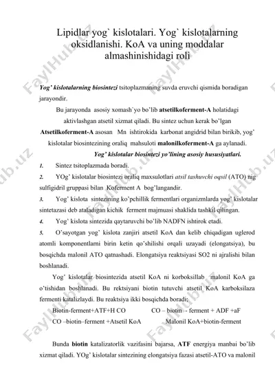 lipidlar yog` kislotalari. yog' kislotalarning oksidlanishi — DOCX