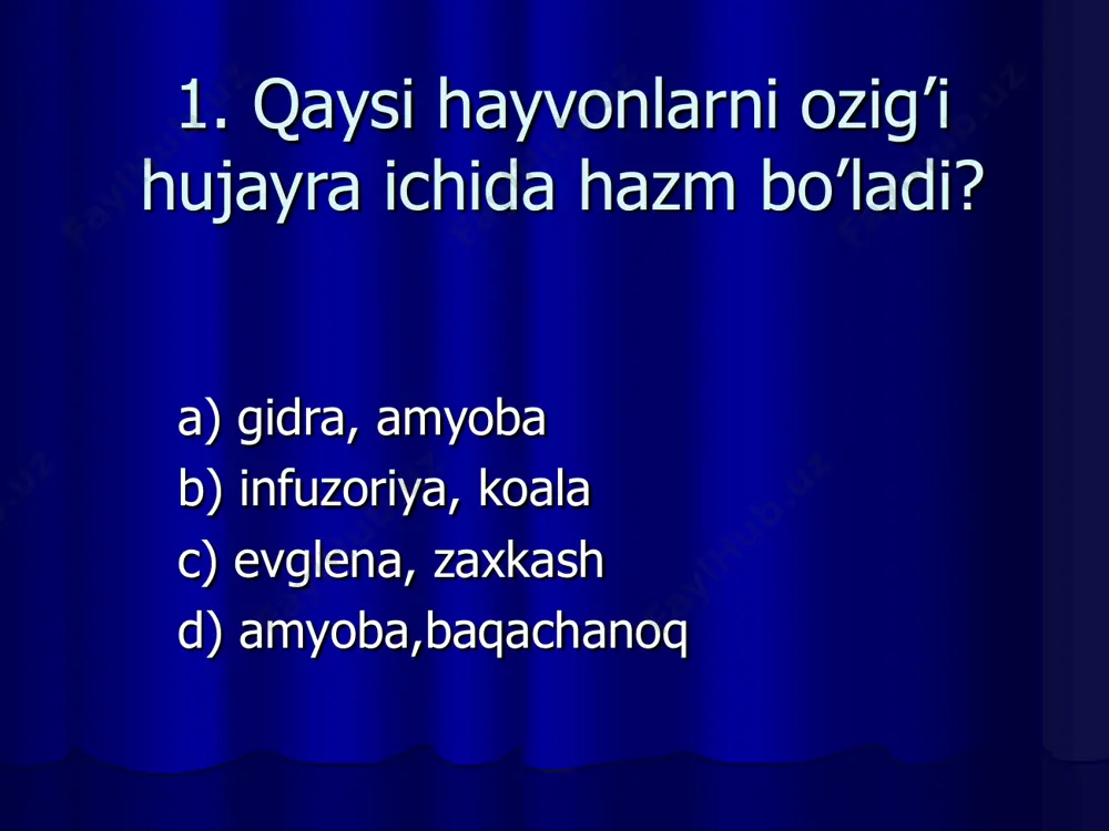 il  b) otiluvchi  c) nerv  d) oraliq 13.gidra tanasidagi quydagi hujayralar qanday vazifani bajarishini belgilang?  1.teri-muskul 2. otuvchi 3. nerv 4. oraliq  a) harakatlanish b) reganerasiya c) ovqat hazm qilish d) himoya f) ta’sirlarni qabul qilish  a) 1-a, 2-b, 3-v, 4-d  b) 1-a, 2-d, 3-f, 4-b  c) 1-b, 2-a, 3-v, 4-d  d) 1-g, 2-d, 3-b, 4-v 14.gidraning qaysi qavati hujayralari amyobaga o’xshash soxta oyoqlar chiqarish xususiyatiga ega?  a) ektoderma  b) endoderma  c) mezoderma  d) tashqi qavat 15.meduzalar uchun xos belgini aniqlang?  a) tana devori ikki qavat, lekin oraliq moddasi juda kam  b) tana devori ikki qavat, oraliq modda bir xil taqsimlangan  c) tana devori uch qavat, oraliq modda bir xil taqsimlangan  d) tana devori ikki qavat, lekin oraliq moddasi yo’q 16.gidrasimonlar qaysi hayvonlardan kelib chiqqan?  a) qadimgi koloniya bo’lib yashovchi xivchinlilardan  …