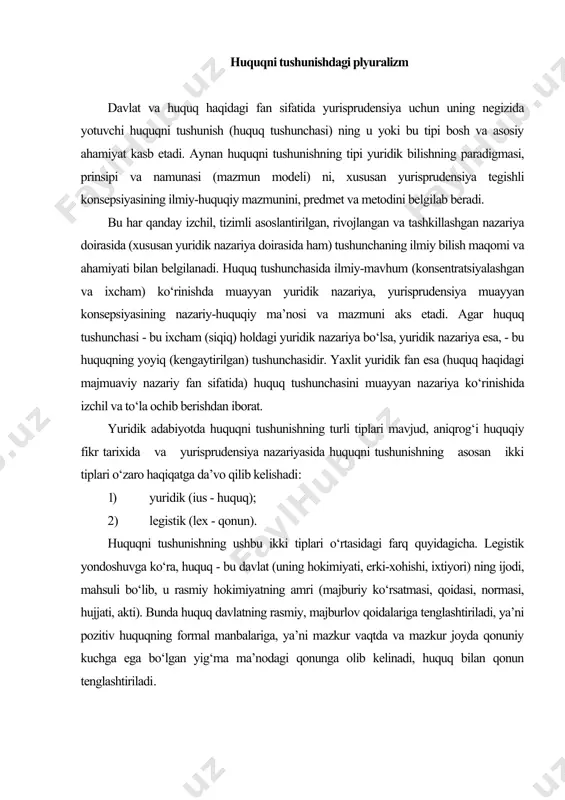 ormasi, hujjati, akti). bunda huquq davlatning rasmiy, majburlov qoidalariga tenglashtiriladi, ya’ni pozitiv huquqning formal manbalariga, ya’ni mazkur vaqtda va mazkur joyda qonuniy kuchga ega bo‘lgan yig‘ma ma’nodagi qonunga olib kelinadi, huquq bilan qonun tenglashtiriladi. huquq bilan qonun (pozitiv huquq) ni bunday legistik tenglashtirish mohiyatiga ko‘ra aynan legistik pozitivizm bo‘lgan ―yuridik pozitivizmning prinsipi va ma’nosi hisoblanadi. legistik (pozitivistik) huquq tushunish huquqqa nisbatan turli etatistik, avtoritar, despotik, diktatorlik, totalitar huquqqa yondoshuvlarga xos. legizm - huquqni davlat amri, majburiy qoidalar deb tushunishdir. legizm huquqni avtoritar tushunishning normativ ifodasidir (gobbs va b.) ular huquq va qonunni tenglashtiradilar, o‘z e’tiborini amaldagi (pozitiv) huquqqa qaratadilar. legistlar huquqning mohiyati, g‘oyasi, qiymati kabi tushuncha-larni xom xayol, quruq gap deb inkor qiladilar. tabiiy huquq nazariyasi ularning eng achchiq tanqidi doimiy obyekti hisoblanadi. huquqni tushunishning yuridik tipi uchun, aksincha, huquq va qonun (pozitiv huquq) ni farqlashning u yoki bu varianti xarakterli hisoblanadi. bunda huquq deganda qonun o‘rnatuvchi (davlat) hokimiyatining xohish-irodasiga …
