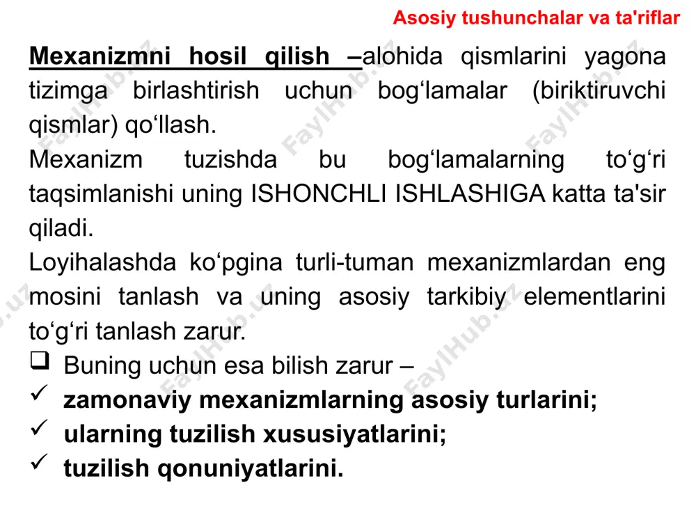 tamasi (termini) mexanizm kirish bo‘g‘inining (krivoshipning) uzluksiz aylanma harakatini chiqish bo‘g‘inining (koromisloning) tebranma harakatiga aylantirib beradi degan ma'noni bildiradi. quyi juftlikli tekis mexanizmlarga misollar krivoship polzunli mexanizm eng ko‘p tarqalgan mexanizmlardan bo‘lib, u porshenli mashinalarda (ichki yonuv dvigatellari, kompressorlar, nasoslarda), bolg‘alovchi mashinalar, presslar va hokazolarda asosiy mexanizm hisoblanadi. sharnirli to‘rt bo‘g‘inli quyi juftli tekis mexanizmlarga misollar quyi juftli fazoviy mexanizmlar a) 4 bo‘g‘inli richagli; v) guk sharniri (kardan) b) 4 bo‘g‘inli polzunli; g) robot oliy juftli fazoviy mexanizmlar ko‘p bo‘g‘inli friksion mexanizm oliy juftli fazoviy mexanizmlar mal'ta mexanizmi xrapovikli mexanizm yumshoq bo‘g‘inli quyi juftli fazoviy tishli mexanizmlar 1-yumshok g‘ildirak; 2-bikr g‘ildirak; 3-generator; oliy juftli tekis (a, b) va fazoviy (v) kulachokli mexanizmlar 1-kulachok; 2-turtkich 3-rolik; 4-korpus; 5-prujina; image1.jpeg image2.gif image3.gif image4.jpeg image5.gif image6.jpeg image7.png image8.jpeg image9.jpeg image10.png image11.jpeg image12.jpeg image13.jpeg image14.jpeg image15.jpeg image16.jpeg image17.jpeg image18.jpeg image19.png