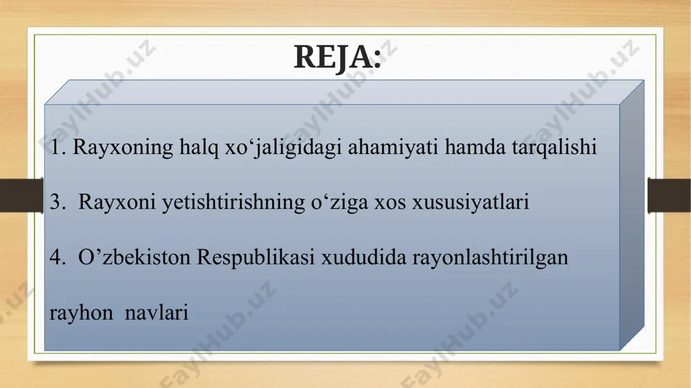 v berish ancha qiyinlashadi. rayhon gullash fazasida oziqa elementlarni ko’proq talab qiladi. shularni e’tiborga olib gektariga 20 kg azot va kaliy o’g’iti berib oziqlantirishni tugatiladi. rayhon o’simligini yog’ingarchilik va haroratni hisobga olgan holda 8-9 marta sug’oriladi. jami o’suv davrida 3-4 marta kesib olinishi mumkin. bir gektar yerdan olinadigan ko’kat hosili 120-150 s ga yetishi mumkin. эътиборингиз учун раҳмат! image7.jpeg image8.png image5.png image6.png image9.jpg image10.jpg image11.jpg image12.jpeg image13.jpeg image3.png image4.png /docprops/thumbnail.jpeg
