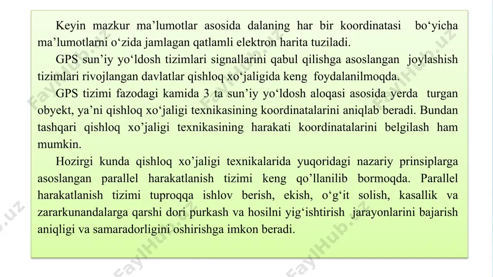 a vositalari qiyin ko‘rish sharoitida ishlatilganda yanada yaqqol namoyon bo‘ladi. masalan: gerbitsidlar bilan ishlov berishda ikki marta ishlov berish nafaqat begona o‘tlarga, keyinchalik madaniy ekinlarga ham zararli ta’sir etishi mumkin. odatdagi boshqariladigan texnikani boshqarishda mexanizator ishlov beriladigan dalada yonma-yon o‘tishlarda bunday aniqlikni ta’minlashi juda mushkul bo‘ladi. bu ayniqsa tajribasi kamroq bo‘lgan mexnizatorlar ishida yaqqol ko‘rinadi. harakatlanishdagi aniqlikning pastligi esa 5 foizdan 15 foizgacha qayta ishlov berilgan maydonlarning yuzaga kelishiga olib keladi. gps navigatsiya tizimining qo‘llanilishi qayta ishlov beriladigan maydonlar qayta ishlov beriladigan maydonlarni 1 – 3 foizdan oshmasligini ta’minlaydi. 18 metr qamrov kengligiga ega shtangali purkagichda 45 sm oraliq bilan 40 ta purkagich uchliklar mavjud bo‘lib, odatdagi ishlov berishlarda purkalgan joydagi nam izlar yoki qoziqchalar yoki yo‘nalishni ko‘rsatib turuvchi yordamchilar yordamida ham operator kamida 50 - 100 sm kenglikdagi joyni qayta qoplab yurishga to‘g‘ri keladi. bu esa 2-3 ta purkagich uchlikning dori vositasini ortiqcha sepib yurishi va ularning bekorga sarf …