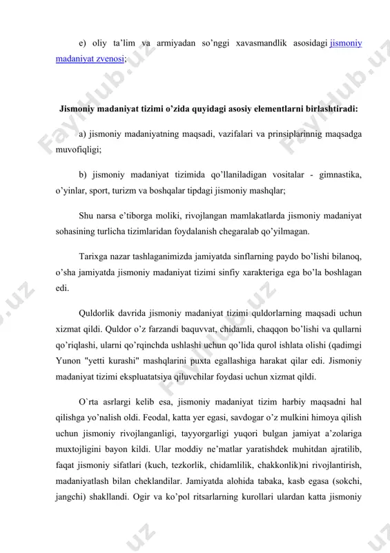 puxta egallashiga harakat qilar edi. jismoniy madaniyat tizimi ekspluatatsiya qiluvchilar foydasi uchun xizmat qildi. o`rta asrlargi kelib esa, jismoniy madaniyat tizim harbiy maqsadni hal qilishga yo’nalish oldi. feodal, katta yer egasi, savdogar o’z mulkini himoya qilish uchun jismoniy rivojlanganligi, tayyorgarligi yuqori bulgan jamiyat a’zolariga muxtojligini bayon kildi. ular moddiy ne’matlar yaratishdek muhitdan ajratilib, faqat jismoniy sifatlari (kuch, tezkorlik, chidamlilik, chakkonlik)ni rivojlantirish, madaniyatlash bilan cheklandilar. jamiyatda alohida tabaka, kasb egasa (sokchi, jangchi) shakllandi. ogir va ko’pol ritsarlarning kurollari ulardan katta jismoniy tayyorgarlik va ot bilan muomala qilishni talab kilar edi. shuning uchun ular mashg’ulotlarda ot o`rniga hozir bizda gimnastika mashg’ulotlarida ishlatiladigan "ot" dan foydalanar edilar. feodallarning jismoniy madaniyat tizimi shunga yunaltirilga edi. kapitalizmga kelib, burjuaziya ko’prok odamlarni jismonan madaniyatlashni, ishchini mehnatga va vatan mudofaasiga (soldatlikka) tayyor lay boshladi. madaniyatga siyosiy tuye berildi. kolaversa ko’p soatlab konveyer, stanoklar orkasida ishlashga moslaydigan mashqlar tizimidan foydalanildi. xviii asrning oxiri va xix asrning boshlarida jismoniy …