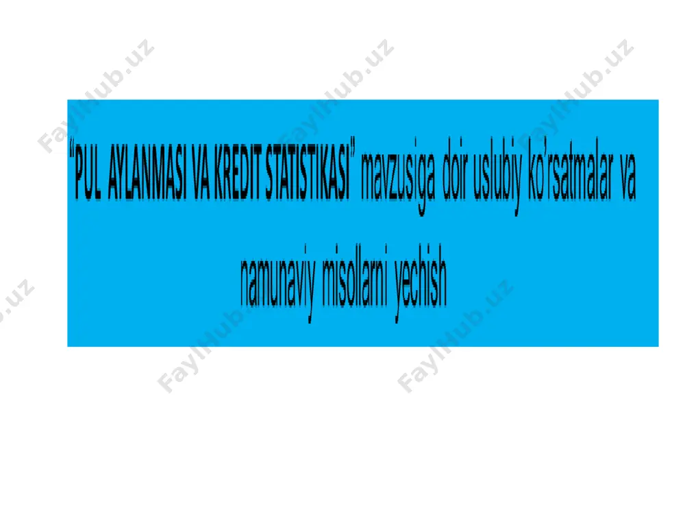 oyat bo‘yicha quyidagi ma’lumotlar berilgan ko‘rsatkichlar o‘tgan davr hisobot davri yalpi ichki maxsulot, mlrd. dollar 210 225 pul massasi, mlrd. dollar 100 120 shu jumladan naqd pul va depozitlar 60 78 to‘lov terminallari soni ( ming dona) va to‘lov terminallari orqali amalga oshirilgan to‘lovlar hajmi, (trln. so‘m) yillar to‘lov terminallari soni, ming dona (f) to‘lov terminallari orqali amalga oshirilgan to‘lovlar hajmi, trln. so‘m, (x) xf (x-x) (x-x)2 (x-x)2 f 2015 100 10,3 1030 -17,56 308,51 30850,92 2016 113 11,6 1310,8 -16,26 264,53 29892,08 2017 130 16,3 2119 -11,56 133,74 17385,68 2018 159 22,8 3625,2 -5,06 25,65 4078,10 2019 183 31,3 5727,9 3,44 11,80 2159,98 2020 209 53,1 11097,9 25,24 636,83 133098,31 jami 894 145,4 24910,8 217465,07 bank hisobvaraqlarini masofadan boshqarish tizimlaridan foydalanuvchilar soni, ming nafar (1 yanvar holatiga) yillar bank hisobvaraqlarini masofadan boshqarish tizimlaridan foydalanuvchilar soni, ming nafar absolyut qo’shimcha o’sish, ming kishi o’sish sur’ati, % qo’shimcha o’sish sur’ati, % …