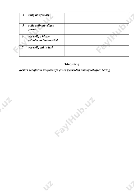 y shaxslardan undiriladigan yer solig‘ining to‘lovchilari kimlar? 7 . jismoniy shaxslarning qanday yerlari soliq solish ob‘ekti bo‘laoladi? 8 . jismoniy shaxslardan olinadigan yer solig‘i stavkalari qanday belgilanadi? 9 . jismoniy shaxslar berilgan yerlardan foydlanmagan holatda qanday tartibda ulardan soliq undiriladi? 1 0 . jismoniy shaxslarga tadbirkorlik faoliyati uchun berilgan yer uchastkalaridan qanday tartibda soliq undiriladi? 2 - topshiriq ta’rif beri ng № iqtisodiy termin izoh 1 soliq ob’ekti 2 soliq solish bazasi 3 soliq stavkasi /docprops/thumbnail.emf resurs soliqlari (2 soat) mavzusi bo’yicha amaliy mashg’ulot ishlanmasi amaliy mashg’ulot maqsadi: talabalarga resurs soliqlari to’g’risida tushunchalar berish va talabalarda resurs soliqlari haqida amaliy ko’nikmalarni shakllantirish 1-topshiriq. quyidagi savollarga javob bering 1. soliq stavkalari qanday mezonlar asosida belgilanadi? 2. qanday yerlar soliq solinmaydigan yer uchastkalari hisoblanadi? 3. qanday yuridik shaxslar yer solig‘idan ozod qilinadi? 4. yer solig‘ini hisoblab chiqarish va budjetga to‘lash muddatlari qanday belgilangan? 5. yer solig‘i qaysi muddatda mahalliy budjetga to‘lanadi? 6. …