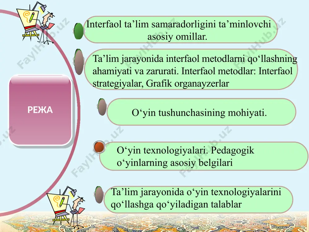 ilinishi refleksiya interfaol ta'limda o'qituvchi quyidagi omillarga ega bo'lishi talab etiladi: asosiy omillar ish tajribasi didaktik vositalar(axborot, tarqatma materiallar, dars jihozlari) o'quvchi va o'quvchilar guruhining o'zaro hamkorlikka erisha olishi tayanch pedagogik-psixologik bilimlar metodik malaka o'quvchi va o'quvchilar guruhi o'rtasidagi munosabatlarning ishonch va hurmatga asoslanishi tashkilotchilik qobiliyati ta'lim jarayonida demokratik g'oyalarning ustuvor o'rin tutishi 15 o'qituvchi interfaol ta'lim yordamida o'quvchining qobiliyati- ni rivojlantirish, mustaqillik, o'z-o'zini nazorat qilish, tengdosh lari bilan suhbat, fikr mulohazalarini erkin bayon qilish murakkab vaziyatdan chiqa olish kabi sifatlarni shakl- lantirishga muvaffaq bo'ladi interfaol ta'lim asosini interfaol metodlar tashkil etadi interfaol metodlar deganda – ta'lim oluvchilarni faollashtiruvchi va mustaqil fikrlashga undovchi, ta'lim jarayonining markazida ta'lim oluvchi bo'lgan metodlar tushuniladi “ta'lim jarayonida talaba hamda o'qituvchi o'rtasida hamkorlikni qaror toptirish, faollikni oshirish ta'lim oluvchilar tomonidan bilimlarni samarali o'zlashtirish, ularda shaxsiy sifatlarni rivojlantirishga xizmat qiladigan metodlar interfaol metodlar sanaladi”. ta’lim samarasi yuqoriroq bo‘lgan o‘qish-o‘rganish; ta’lim oluvchining yuqori darajada rag‘batlantirilishi; ilgari orttirilgan …