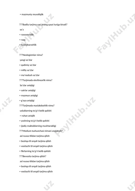 chabegim ?bobur ruboiylarida ko`zga yaqqol tashlanidagan xususiyatni belgilang. hasbu hol =hayotdan zavqlanish =o`z faoliyatidan qoniqish =ma`rifatparvarlik ?xoja asarlari to`g`ri sanalgan javobni toping «gulzor», «miftohul-adl» =«guliston», «bo`ston» =«gulzor», «bahoriston» =«miftohul-adl», «bo`ston» ???«na qildim sanga man, yorim, jamolingdan judo qilding, boshimda dardi g`amni chun charog`i osiyo qilding» matla`li mashhur g`azal muallifi kim? huvaydo =bobur =mashrab =navoiy ?gulxaniyning «zarbulmasal» asarida boyo`g`lining qiziga kim sovchi bo`lib boradi? hudhud =burgut =humo =qarchig`ay ?boborahim mashrab maktabga borganida nima uchun «alif» harfidan nariga o`tmaydi va «be» demaydi? mashrab «alif»ning birligida ollohning yakkayu yagonaligini ko`radi =mashrab «alif» deganda vahdatul-vujud g`oyasini tushunadi =«be» deyish mashrabga ollohga shirk keltirish bo`lib tuyuladi =mashrab ”alif” deganda ollohning barcha sifatlarini nazarda tutadi ?“toshbaqa bilan chayon”, “tuya bilan bo`taloq” kimning qaysi asarida uchraydi? gulxaniy “zarbulmasal” =mahmud qoshg`ariy “devonu lug`otit turk” =yusuf xos hojib “qutadg`u bilig” =ahmad yugnakiy “hibat ul-haqoyiq” ???«to`rt kungacha tilim tutildi, og`zimga paxta bila suv tomizurlar erdi». gapning muallifi qaysi javobda ko`rsatilgan? …