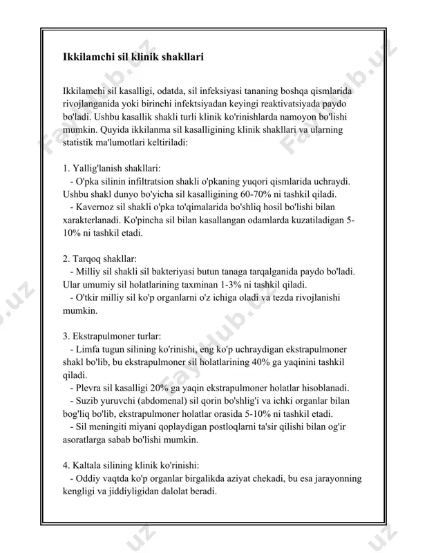 sil, ko'pincha birlamchi infektsiya davrida mikobakteriyani o'z ichiga olgan kishilarda paydo bo'ladi. bu ikkinchi bosqichda, dastlabki infektsiya davridan keyin yillardan so'ng kelib chiqishi mumkin. bstning ma'lumotlariga ko'ra, sil infeksiyasi global infeksiyalar ichida yetakchi va ikkilamchi sil kasalligi ham yirik muammo sanaladi, ayniqsa rivojlanayotgan davlatlarda. 3. klinik belgilar va alomatlar: ikkilamchi silning alomatlari orasida uzoq vaqt davom etadigan yo'tal, ko'krak qafasida og'riq, charchoq, ishtahani yo'qotish, vazn yo'qotish, kechasi terlash va isitma kabi belgilar mavjud. ushbu belgilar uzoq davom etishi va davolanganda yo'qolishi mumkin. 4. tashxis qo'yish: sil kasalligining tashxisi asosan ko'krak rntgenografiyasi, bakteriyoskopiya va molekulyar sinovlar orqali amalga oshiriladi. silning ikkilamchi turini aniqlash uchun diqqat bilan tahlil va ko'rik talab etiladi. 5. davolash: ikkilamchi sil an'anaviy dorilar bilan davolanadi, bular izoniazid, rifampicin, ethambutol va pyrazinamid kabi dorilarni o'z ichiga oladi. davolash jarayoni kamida olti oy davomida olib boriladi. dorilarga chidamli bakteriyalarning rivojlanishini to'xtatish uchun barcha dorilar kerakli miqdorda va doimiy ravishda …