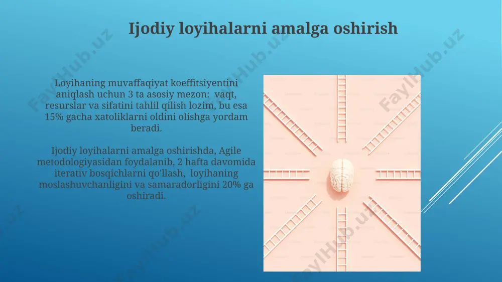 i 5-7 kishilik guruhlarda o'tkaziladigan amaliy mashg'ulotlar muhim rol o'ynaydi, bu fikrlarning 80%ini generatsiya qilishga yordam beradi. ijodkorlikni rivojlantirishda tasavvur, vizualizatsiya va assotsiatsiya kabi kognitiv jarayonlarni faollashtirish, yaxlitlik va kreativlikni 20-30% ga oshirishga yordam beradi. e'tiboringiz uchun rahmat @taqdimot_robot image1.jpg image2.jpg image3.jpg image4.jpg image5.jpg image6.jpg image7.jpg image8.jpg image9.jpg image10.jpg image11.jpg image12.jpg image13.jpg image14.jpg image15.jpg