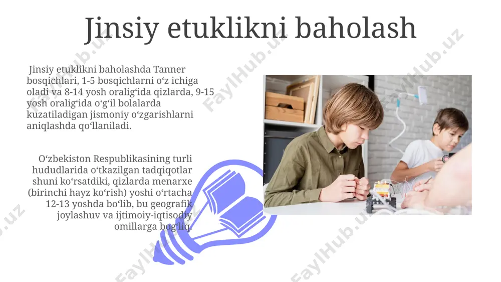 ti bolalarida esa bu ko‘rsatkich 72% ni tashkil etadi. suyak yoshi aniqlash suyak yoshiga ta'sir qiluvchi omillar orasida genetika, ovqatlanish, kasalliklar va geografik joylashuv muhim rol o'ynaydi; masalan, rivojlangan mamlakatlardagi bolalarda suyak yoshi o'rtacha 3 oyga tezroq rivojlanishi kuzatiladi. suyak yoshini aniqlashda 2-18 yoshgacha bo'lgan bolalarning qo'l va bilak rentgenogrammalaridan foydalaniladi, grev-xon atlasi yordamida taqqoslash orqali suyak yoshini aniqlash mumkin, xalqaro miqyosda qabul qilingan usul hisoblanadi. antropometrik o'lchovlar антропометрик ўлчовларда болаларнинг бўйи ва вазнини ўлчаш орқали 5 ёшли ўзбекистонлик болаларнинг ўртача бўйи 110 см, вазни эса 18 кг атрофида бўлиши аниқланган. антропометрик ўлчовларда, масалан, тошкент шаҳридаги 100 нафар 7 ёшли болалар гуруҳида ўтказилган тадқиқот натижаларига кўра, ўртача бадан масса индекси (бми) 16-18 оралиғида бўлган. monitoring va kuzatish usullari 7-12 yoshli o‘quvchilarda jismoniy rivojlanishni kuzatishda, maktab shifokorlari tomonidan o‘tkaziladigan tibbiy ko‘riklar va 2-3 oyda bir marta o‘tkaziladigan testlar, samarali monitoringni ta'minlaydi. 13-18 yoshli o‘smirlarning jismoniy rivojlanishini kuzatish uchun, foydali maslahatlar bilan …