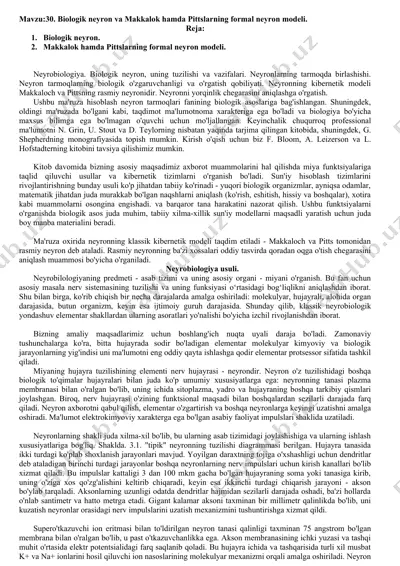 biologik neyron va makkalok hamda pittslarning formal neyron modeli — DOCX