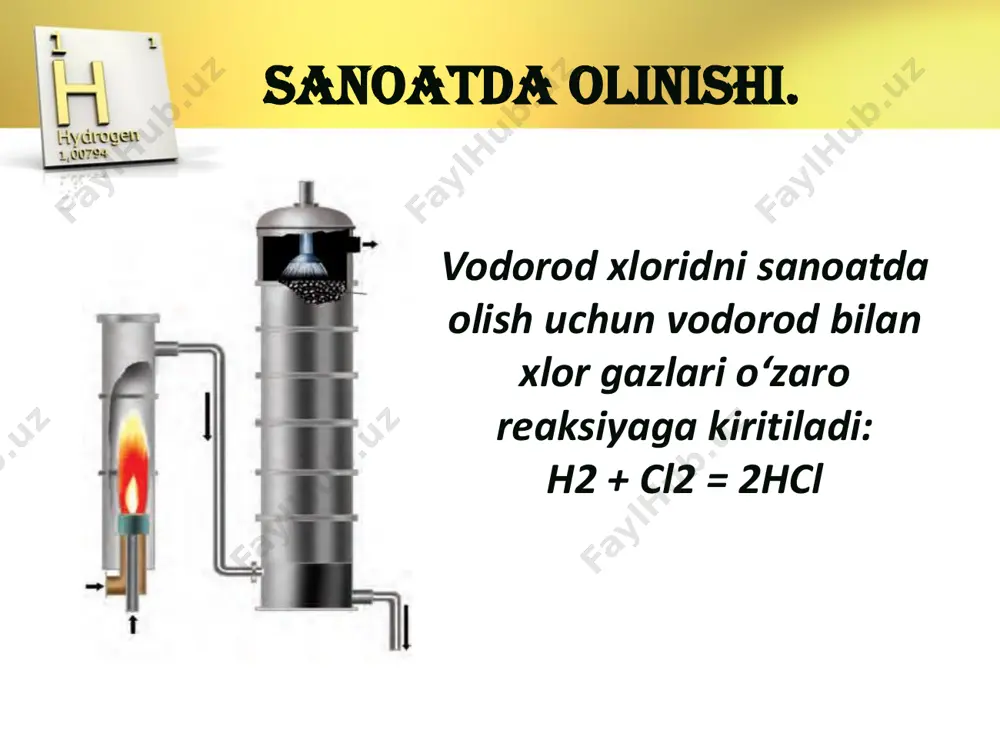 zni bu bug‘lardan konsentrlangan sulfat kislotasi solingan. tishchenko idishi (3) orqali o‘tkazib tozalanadi. so‘ngra tomchi ushlagich (4) dan o‘tib, barbater (6) orqali absorbsiya kollonasi (5) ga keladi. absorbsiya kollonasiga avvaldan distillangan suv solingan bo‘ladi va u yerda xlorid kislotasi hosil bo‘lish - absorbsiya jarayoni ketadi. absorbsiya kollonasidan chiqqan gaz natriy ishqori solingan idish (8) (yuttirgich) ga keladi va u yerda absorbsiya kollonasida yutilmay qolgan vodorod xlorid gazi ishqorga shimiladi. absorberdagi harorat termometr (7) orqali nazorat qilinadi. gaz oqimini hosil qilish uchun, qurilma suv bilan suruvchi nasos (9) ga ulangan. yuttirgich idish (8) ga 50 ml 0,5n naoh eritmasi solinadi. tajriba oxirida hosil bo‘lgan xlorid kislotasi absorber (5) dan erlenmeyyer kolbasiga quyib olinadi va 0,5n naoh bilan titrlanadi, (8) idishda hosil bo‘lgan mahsulot esa 0,5н h2so4 bilan titrlanadi.