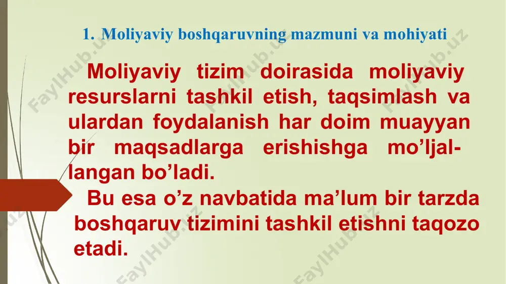 tgan davlat hokimiyatining qonunlari va normativ-huquqiy aktlarini moliyaviy ekspertiza qilish; davlat byudjetining ijrosi va amalga oshirilayotgan nazorat tadbirlarining natijalari to‘g‘risida oliy majlisning senati va qonunchilik palatasiga doimiy ravishda ma’lumotlarni taqdim etish; va boshqalar. moliyaviy boshqaruvning vazirligi organlari markaziy organi moliya va uning joylardagi hisoblanadi. u mamlakat miqyosida yagona moliya, byudjet, soliq va valyuta siyosatining amalga oshirilishini ta’minlaydi. moliya vazirligining asosiy vazifalari quyidagilardan iborat: yagona davlat moliyaviy siyosatni ishlab chiqish va uni amalga oshirish; davlat byudjetining loyihasini tuzish va uning ijrosini ta’minlash; byudjet mablag’lari va davlat maxsus fondlari mablag’larining oqilona va maqsadli ishlatilishi ustidan moliyaviy nazoratni amalga oshirish; davlat moliyasining ta’minlash va barqarorligini rivojlantirishga oid chora- moliyaviy bozorni tadbirlarni ko’rish; moliya vazirligining asosiy vazifalari quyidagilardan iborat: mamlakatning byudjet tizimini takomillashtirish, bu borada tegishli takliflarni ishlab chiqish va ularni hayotga tatbiq etish choralarini ko’rish; mamlakat ijtimoiy-iqtisodiy taraqqiyotining ustuvor yo’nalishlarini ta’minlash uchun moliyaviy resurslarni to’plash; davlat byudjeti va jamlanma byudjetning ijrosi haqida hisobotni …