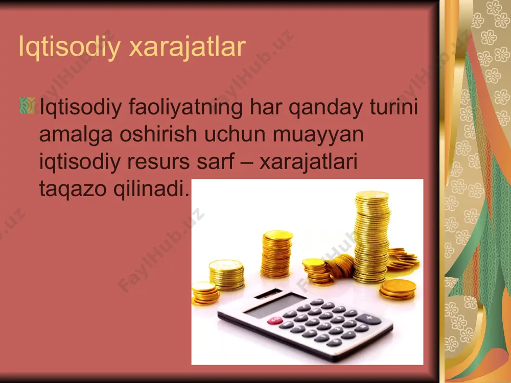 qilish yoki qilmasligiga qarab xarajatlar doimiy va o‘zgaruvchan xarajatlarga bo‘linadi. umumiy xarajatlar m e n yu g a ch i q i sh umumiy xarajatlar doimiy xarajatlar o`zgaruvchan xarajatlar - korxona to`lov majburiyatlari; - soliqlar; - amortizatsiya ajratmalari; - ijara haqi; - qo`riqlash xizmati xarajatlari; - boshqaruv xodimlari maoshi va h.k. - xom ashyo; - material; - yonilg`i; - transport xizmati; - ishchilar ish haqi va shu kabilar uchun xarajatlar. doimiy xarajatlar (fc-fixed cost) – mahsulot ishlab chiqarish hajmining o‘zgarishiga bog‘liq bo‘lmagan xarajatlar. masalan, bino uchun ijara haqi, reklama uchun to‘lov, qorovul yoki boshqa texnik xodimlarning ish haqi doimiy xarajatlar jumlasiga kiradi. o‘zgaruvchan xarajatlar (vc-variable cost) – mahsulot ishlab chiqarish hajmining o‘zgarishiga bog‘liq xarajatlar. masalan, xomashyo, materiallar, ishchilarning ish haqi o‘zgaruvchan xarajatlar hisoblanadi. ishlab chiqarishning har bir darajasida doimiy va o‘zgaruvchan xarajatlar yig‘indisi umumiy yoki yalpi xarajatlar (tc-total cost)ni tashkil qiladi. doimiy (fc), o‘zgaruvchan (vc) va yalpi (tc) xarajatlarni grafik …
