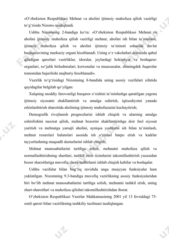 takomillashtirishdan iborat. o‘zbekiston respublikasi vazirlar mahkamasining 2001 yil 13 fevraldagi 75-sonli qarori bilan vazirlikning tashkiliy tuzilmasi tasdiqlangan. qoraqalpog‘iston respublikasi hududida mehnatni boshqarish faoliyati mehnat va aholini ijtimoiy muhofaza qilish vazirligi, uning tuman (shahar)lardagi bo‘limlari tomonidan amalga oshiriladi. viloyatlarda va toshkent shahrida mehnat va ijtimoiy muhofaza masalalari bilan mehnat va aholini ijtimoiy muhofaza qilish bosh boshqarmasi va uning tizimiga kiruvchi organlar shug‘ullanadilar. tuman (shahar)larda vazirlik tasarrufida bo‘lgan mehnat, aholini ish bilan ta’minlash va ijtimoiy muhofaza qilish bo‘limlari, ijtimoiy ta’minot bo‘limlari faoliyat olib boradilar. ularning faoliyatlari vakolatli organ tomonidan tasdiqlangan nizomlarga muvofiq tartibga solinadi. 2. xodim va ish beruvchi o‘rtasidagi bevosita mehnat huquqiy munosabatlar mehnat huquqiy munosabatlar mehnatga oid huquqiy munosabatlar orasida asosiy o‘rin tutishi yuqorida aytib o‘tildi. mehnat huquqiy munosabat – ijtimoiy-mehnat munosabatlarining yuridik ifodasi bo‘lib, mehnat bozorida xodim (muayyan kasb, malaka, lavozimga oid ishni ichki mehnat tartibiga amal qilgan holda bajaruvchi tomon) hamda ish beruvchi (xodimni ish bilan ta’minlovchi, mehnat …