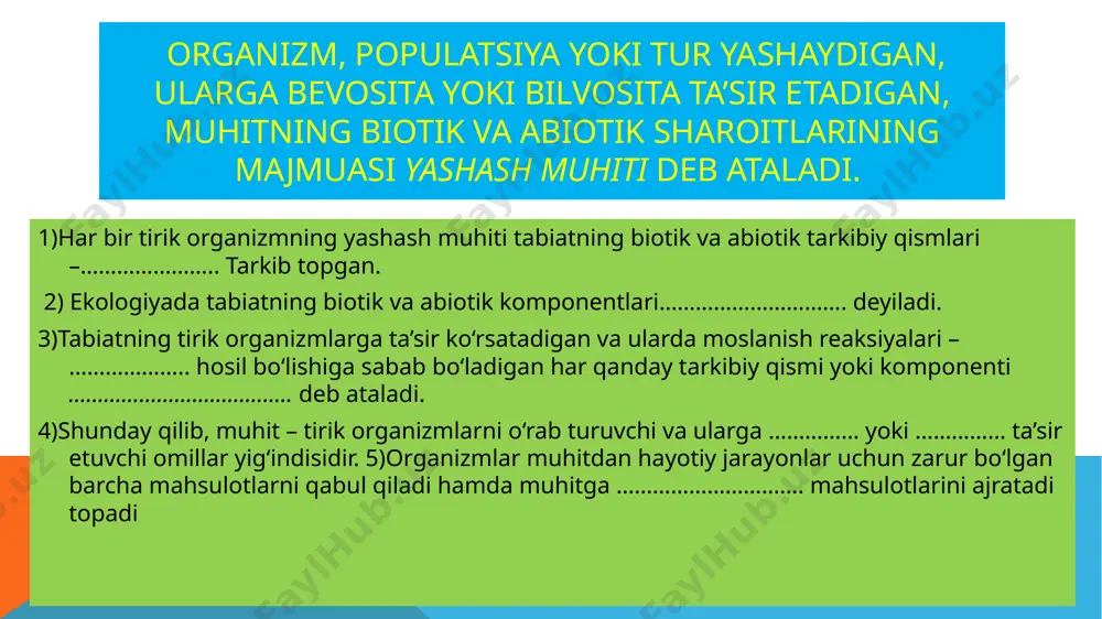 hlarga ajratiladi: plankton, nekton, bentos. bu guruhlar morfologik, fiziologik va etologik moslanishlari bilan farq qiladi plankton nekton bentos bo’shliqichlilar baliqlar sodda hayvonlar krab baliq chavoqlari kurakoyoqlilar zulluk molluskalar skat lansetnik baliq tuxumlari hayvonlarning suv muhitiga moslanishlari image3.jpg image4.png image5.jpg image6.jpg image7.emf image8.emf image9.emf image10.png image11.emf /docprops/thumbnail.jpeg