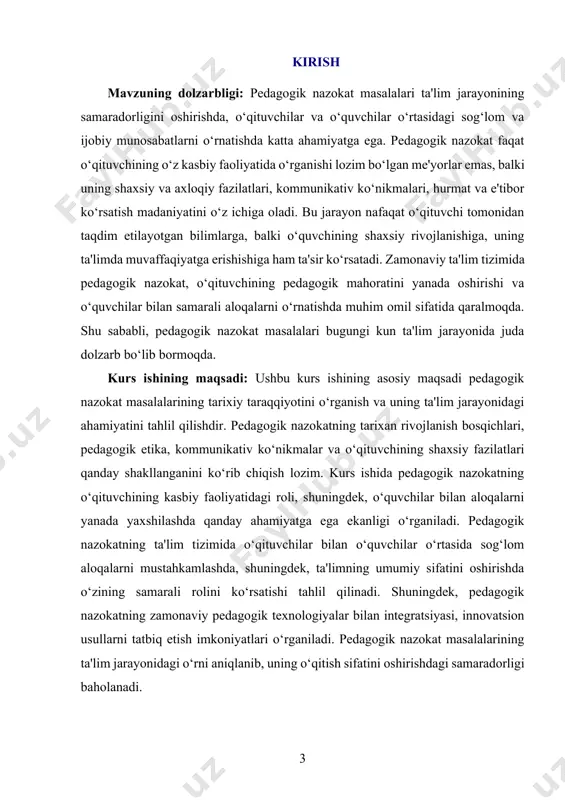 mat bilan yondashishi kabi ichki jihatlarni ham o‘z ichiga oladi. bu shuningdek, o‘qituvchining o‘quvchilar bilan muloqotda bo‘lishida psixologik nuqtai nazardan ham ahamiyatlidir. nazokat, o‘qituvchining shaxsiy fazilatlaridan biri bo‘lib, u o‘quvchilarni ruhiy jihatdan qo‘llab-quvvatlash, ularning xatolarini tushunish va tuzatishda yordam berish, hamda o‘quvchilarga xatolikdan qo‘rqmaslikni o‘rgatishda muhim rol o‘ynaydi. pedagogik nazokatning o‘qituvchining professional faoliyatidagi o‘rni ham katta. o‘qituvchi o‘quvchilarga nisbatan yuqori darajadagi muloyimlikni, ehtiyotkorlikni va insofli munosabatni ko‘rsatganida, ularning o‘ziga bo‘lgan ishonchi oshadi va ta’limga bo‘lgan qiziqishi kuchayadi. shuningdek, pedagogik nazokat o‘qituvchining o‘z o‘quvchilari bilan muloqotda o‘z his-tuyg‘ularini boshqarish, qiyin vaziyatlarda o‘quvchilarga zarur yordamni taqdim etish va ijobiy muhit yaratish qobiliyatini rivojlantiradi. pedagogik nazokat, shuningdek, o‘qituvchining o‘z mehnatiga bo‘lgan munosabatini ham aks ettiradi. o‘qituvchining bu sifatlari faqat o‘quvchilarga emas, balki uning hamkasblariga, ota-onalarga va ta’lim tizimining boshqa a’zolariga nisbatan ham namoyon bo‘lishi kerak. pedagogik nazokat, ta’lim jarayonida ijobiy muhit yaratishga, o‘quvchilarda samimiy va hurmatga asoslangan munosabatlarni shakllantirishga yordam beradi. umuman olganda, …