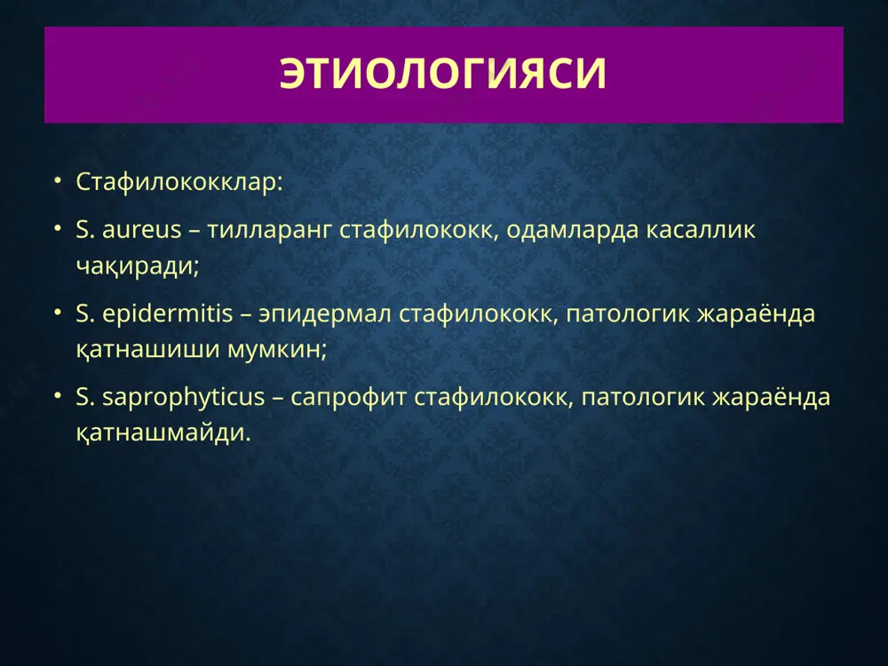аъзан болалар кафтича бўлиши мумкин. унинг юзаси яримшарсимон шаклда бўлиб, тери таранглашади, маҳаллий ҳарорат кўтарилади. инфильтрат маркази кўкимтир, атрофи қизғич рангда бўлади ва кучли оғриқ билан кечади. бу инфильтрат ривожланаётган биринчи босқич бўлиб, у 8-12 кун давом этади. кейин инфильтратнинг марказий соҳасида, соч фолликуласи атрофида некроз кузатилади ва бир нечта маддалар шаклланади. уларнинг қобиғи қорамтир тусга киради, ёрилади ва ғалвирни эслатувчи бир нечта тешик пайдо бўлади. булардан қон аралаш сарғимтил-яшил рангли йиринг оқиб чиқа бошлайди. карбункул марказидаги бошқа соҳалар ҳам секин-аста некрозга учрайди. ажралиб чиққан массалар ўрнида чуқур яра шаклланади. иккинчи босқич, яъни йиринглаш ва некрозга учраши 14 кундан 20 кунгача давом этади. бундан кейин яра аста-секин тозаланиб, грануляцион тўқима билан қопланиб боради ва одатда остки тўқималар билан бириккан чуқур, дағал чандиқ пайдо бўлади. иккинчи босқич, яъни йиринглаш ва некрозга учраши 14 кундан 20 кунгача давом этади. бундан кейин яра аста-секин тозаланиб, грануляцион тўқима билан қопланиб боради ва одатда остки …