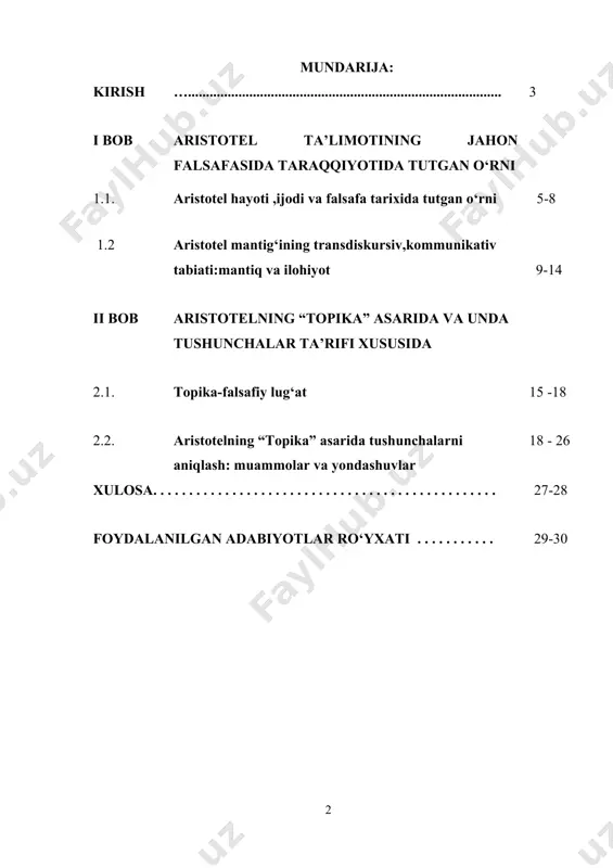 afinada o‘z maktabini tashkil etdi. bu maktabda yuzdan ortiq shogirdlar tahsil olgan. ular keyinchalik o‘z ustozlari bilan birga tabiiy-ilmiy, ijtimoiy-siyosiy ilmlarni rivojlantirdilar. falsafa tarixini o‘rganish falsafaning ijtimoiy ong shakllari o‘rtasidagi o‘rnini aniqlash va u jamiyat moddiy hayotining ijtimoiy amaliyotga bog‘liqligi, nisbiy mustaqilligi, shuningdek, ichki taraqqiyotida, ichki mantiqqa egaligini aniqlashni taqozo etadi. kurs ishining maqsad va vazifalari. aristotelning topika asarida tushunchalarni ta’rifini ochib berishdan iborat. mazkur maqsaddan kelib chiqadigan vazifalar quyidagilardan iborat: aristotelning hayot-faoliyatini o‘rganish; uning mantiqiy qarashlarining shakllanishiga turtki bo‘lgan g‘oyaviy-nazariy omillarni ko‘rsatish; aristotelning “topika” asarida tushunchalarga bergan ta’riflari haqidagi qarashlarini tahlil qilish; va nihoyat, qiyosiy o‘rganib, tahlil qilishdan iborat. kurs ishining obyekti: aristotel ,mantqqa oid asarlari,mantiq ilmining predmeti haqida , ularda aks etgan ma’no-mazmun kurs ishining predmeti: aristotel mantig‘i,mantiq bo‘yicha yozgan asarlari, uning tushunchalar to‘g‘risidagi qarashlarining mantiqga bog‘liqlik jihatlarini ochish hamda aristotel mantig‘i bilan tanishish kurs ishining tuzilishi: mazkur kurs ishi kirish, ikki bob, to‘rt band, xulosa va foydalanilgan …