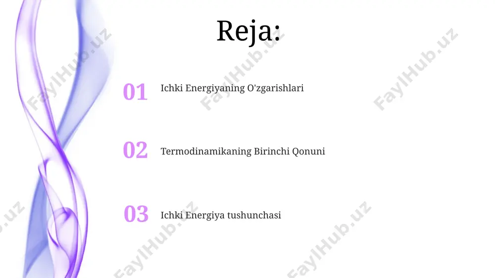 termodinamika qonunining muhim oqibatidir. ideal gaz uchun izotermik davriy jarayonda bajarilgan ish gazning o'zgaruvchan hajmining integral sifatida hisoblanadi va matematik ifoda ∫pdv shaklida yoziladi. issiqlik va ishning ta'rifi issiqlik tizimga yoki tizimdan 100 joul energiya uzatilishi natijasida uning ichki energiyasini o'zgartirishi mumkin, bu jarayon issiqlik almashinuvi deb ataladi. tizimning ichki energiyasi uning molekulalari kinetik va potensial energiyalarining yig'indisidan iborat bo'lib, 300 k temperaturada bu energiya sezilarli darajada yuqori bo'lishi mumkin. adiabatik jarayon (q=0) adiabatik jarayonda issiqlik almashinuvi (q) nolga teng bo‘lib, tizimning ichki energiyasi o‘zgarishi faqat bajarilgan ish (w) ga bog‘liq, ya’ni δu = w. bu jarayon tez va izolyatsiyalangan sharoitlarda sodir bo‘ladi. adiabatik kompressorda gazning hajmini 10 litrdan 2 litrgacha kamaytirish natijasida uning temperaturasi 300 k dan 600 k gacha ko‘tariladi. bu jarayon q=0 shartini qanoatlantiradi va ichki energiyaning ko‘tarilishi issiqlik hisobiga emas, balki mexanik ish hisobiga sodir bo‘ladi. xulosa va savollar entalpiya (h) ichki energiya (u) va bosim …