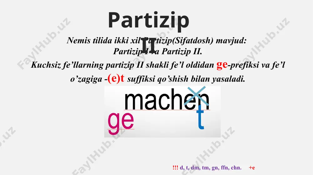 fe’lning qo’shma zamon shakli bo’lib, o’tgan zamonda bo’lgan ish-harakatni ifodalaydi. u “haben” va “sein” yordamchi fe’llarining presens va asosiy fe’lning partizip ii shaklidan yasaladi. bu zamon suxbatlarda, dialog shaklidagi savol-javoblarda, axborot va ma’lumotnomalarni bayon etishda qo’llanadi. subjekt+haben/sein+partizip ii ich habe gemacht wir haben gemacht du hast gemacht ihr habt gemacht er, sie, es hat gemacht sie haben gemacht quydagi fe’llar perfektni “haben” bilan yasaydi… barcha o’timli fe’llar: übersetzen, schreiben, erzählen, beantworten er hat einen brief geschrieben. ich habe die fragen beantwortet. modal fe‘llarni barchasi: können, mögen, sollen, wollen, müssen, dürfen. ich habe es gewollt. 3. sich olmoshi bilan qo‘llanadigan barcha fe‘lar: sich waschen, sich kämmen, sich erholen, sich interessieren va boshqalar. du hast dich im sommer in einem erholungsheim erholt. 4. tinch holatni ifodalovchi o‘timsiz fe‘llar: schlafen, sitzen, liegen, stehen, arbeiten, leben, wohnen, antworten, … ich habe bis 9 uhr geschlafen. shaxssiz fe’llar: regnen, schneien, donnem, blitzen, ….: es hat …