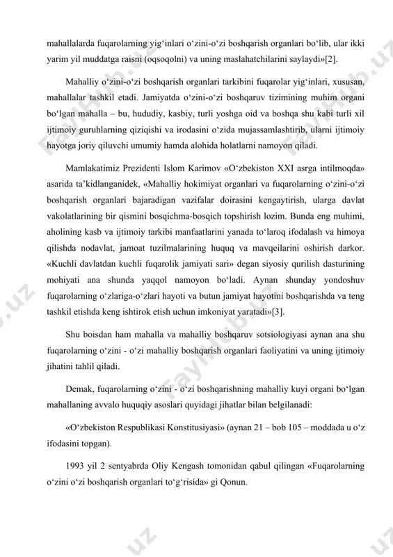 i. kam ta’minlangan, ko‘p bolali oilalar, yolg‘iz keksalar va h.k. tayanchi hisoblanib kelmoqda. 4. mahalla – ma’naviy-axloqiy qadriyatlar, an’analar maskani. 5. mahalla yoshlarni kasb-korga yo‘naltiruvchi, ishsizlarni mehnat bilan ta’minlovchi ijtimoiy himoya hamdir. 6. mahalla – tarbiya maskani. bir bolaga yetti qo‘shni ota-ona …. 7.mahalla – oila tinch-totuvligini, jipsligini mustahkamlaydigan joy. otang – mahalla, onang – mahalla, deb bezij aytilmagan. umuman, mahallalar o‘z hududida ishlab chiqarishni tashkil etishi, kichik korxonalar ochishi, o‘zi ishlab chiqargan mahsulotni sotishi, uning bir qismini mahalladagi ehtiyojmandlarga bepul tarqatishi, o‘z hududidagi aholini ish bilan ta’minlashi, aholiga madaniy-maishiy xizmat ko‘rsatishi mumkin. hozirgi paytda mahalla qo‘mitalari, bozor iqtisodi qonunlari asosida, o‘z ishlarini tashkil qilishlari uchun barcha imkoniyatlar ochib berildi. ular oldi-sotdi, to‘y-maraka marosimlari o‘tkazish, hasharlar uyushtirish, mahalladagi oilaviy nizolarni bartaraf etish, bemorlar holidan xabar olish ishlari bilan shug‘ullanadilar. ko‘pchilik mahallalarning o‘z masjidi bor, turli ma’rakalar uchun kerakli ashyolar (doshqozon, palos, idish-tovoq, choynak-piyola, tobut va boshqalar) mavjud. endilikda har bir …