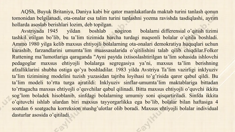 beradi. niderlandiyaning 28 ta umumta’lim boshlang’ich maktablarining tarkibida nuqsonli bolalar ham o’qitiladi. ta’limiy maslahat markazlarida maxsus ehtiyojli bolalarni umuta’lim sharoitida ukitish va tarbiyalash yo’llari, xususiyatlari hamda bu bolalar haqida iilish va ma’lumotlar berish borasida bo’lim faoliyat yuritgan. bu no’limlarda o’kuv materiallari va dasturlarini yangilash, imgegrasion ta’limning yagona g’oyasini ishlab chiqish, bu ta’lim jzimidagi muammolarni yo’llarini izlab topish borasida ish yuritilgan. gresiyamaxsus pedagog oddiy sinfda yordamchi rol o’ynaydi, undan maktab xodimlarini o’quvchida maxsus ta’limga muhtoj mavjudligi to’g’risida xabardor qilish talab etiladi.maxsus pedagog ishi o’quvchiga bevosita yordam berish va sinf o’qituvchisiga maslahat berishdan iborat. keyingisiga, xususan, o’quv materialini tanlab olish va o’quv rejasini differensiyalashda yordam ko’rsatiladi. undan tashqari, maxsus pedagog integrasiyalashgan o’quvchining sinfdoshlariga uning muammolari to’g’risida axborot beradi, maktab va maxsus ta’limga muhtoj o’quvchining oilasi o’rtasida hamkorlik qilishni tashkil etishga ko’maklashadi. ta’lim yordami o’quvchiga faqatgina maktab ichida ko’rsatiladi. maxsus pedagog bir vaqtning o’zida bir necha maktabni otliqqa olgan maxsus ta’lim masalalari bo’yicha …