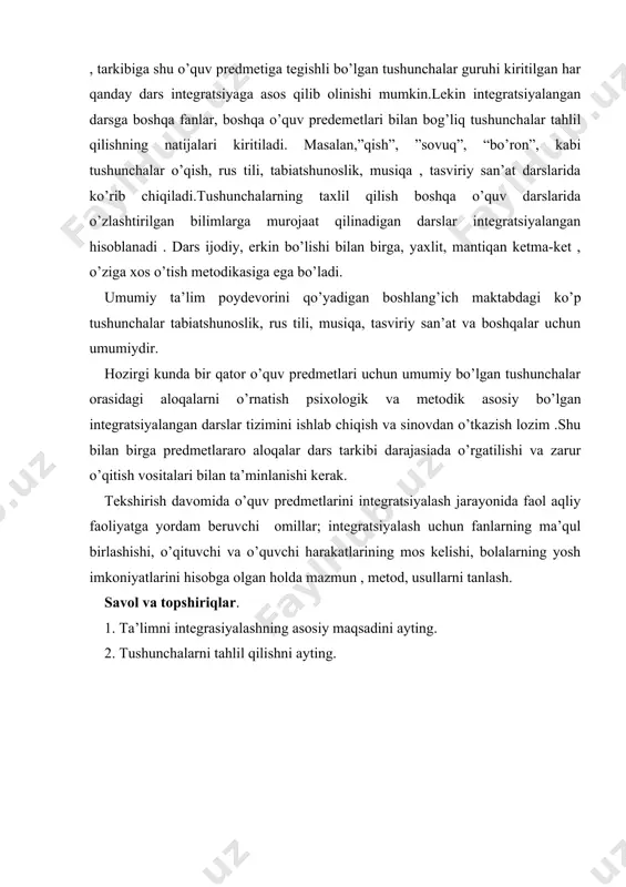 iston” 1997 2. barkamol avlod orzusi. tuzuvchi muallif. sh. karimov va boshqalar. toshkent “sharq” 1999 3. mavlonova r, raxmonqulova n boshlang`ich ta`limning integratsiyalashgan pedagogikasi. toshkent “o`qituvchi” 2006 4. tursunov i, nishonaliyev u pedagogika kursi. toshkent “o`qituvchi” 1997