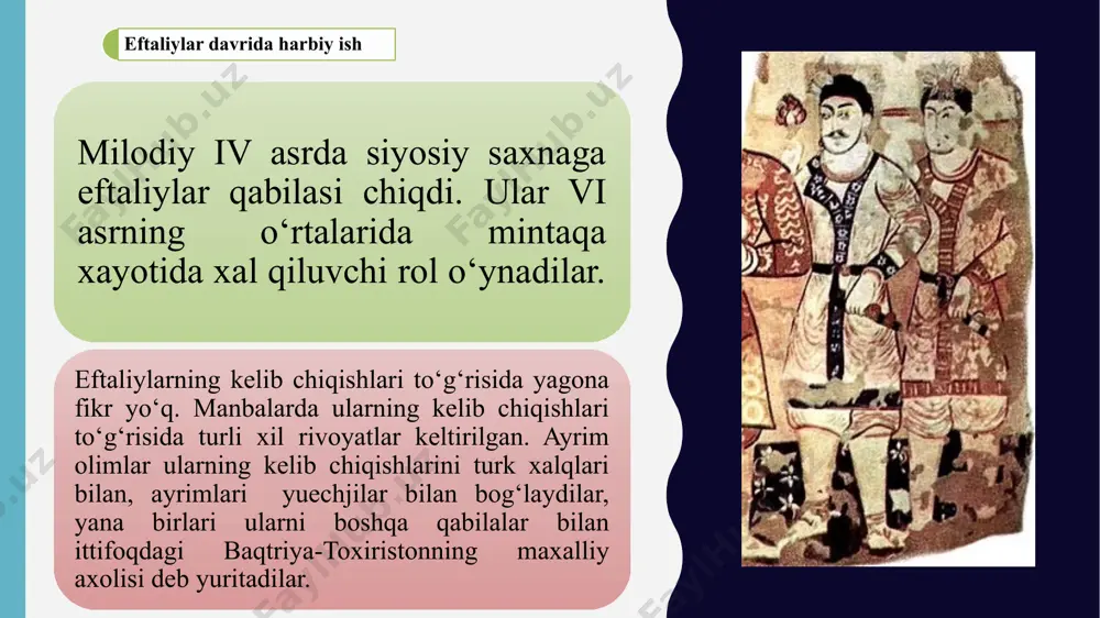 tto vizantiyaliklarni og‘dirib oldi. lekin u mag‘lubiyatga uchrab, eftaliylarning qo‘liga asirga tushdi. katta to‘lovlar evaziga ozod qilingan peroz eftaliylarga qarshi yana urush boshladi. 484 yilda eftaliylar yana forslarni tor-mor qildilar. ayrim mualliflarning guvoxlik berishlariga qaraganda eftaliylar jangdan oldin yaxshi niqoblangan chuqur xandaq (ayrim tarixchilarning fikricha u suv bilan to‘ldirilgan)-bo‘ri jari (qopqon-chuqurlik) qaziganlar. peroz eron qo‘shinlarining katta qismi bilan birga mana shu bo‘ri jarida xalok bo‘ldi. eftaliylar harbiy qudratining isboti sifatida ularning eronliklarga qarshi muvaffaqiyatli olib borgan urushlari xizmat qiladi. bir necha marotaba rim qo‘shinlarini tor-mor etgan eron, o‘rta osiyolik ko‘chmanchi eftaliylarning qarshisida qo‘rquvdan titrar edi. lekin keyinchalik eftaliylar davlati shimoldan turklar tomonidan va janubdan eronliklar tomonidan bir vaqtning o‘zida berilgan zarbalarga bardosh bera olmadi va ularning erlari g‘alaba qozonganlarning qo‘liga o‘tdi. turk xoqonligining oʻz vaqtida dunyodagi eng yirik davlatlaridan biriga aylanishi asosida uning harbiy jihatdan boshqalariga nisbatan ancha ustunlikka ega boʻlganligi omili yotadi. xoqonlikning bu xususiyati koʻpchilik tadqiqotchilar tomonidan eʼtirof …