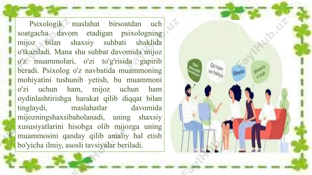 shini bilishni xohlaydilar, boshqalar oldindan ular bekorchi ish bilan shug'ullanadi, deb ishonadilar va psixolog-maslahatchini noqulay holatga solib, uni bunga ishontirishga harakat qiladilar. psixolog-maslahatchining pozitsiyasi u barcha mijozlarni qabul qilishi, ular nima uchun kelganliklari, kayfiyatlari qandayligi va maqsadlari qandayligidan qat'i nazar" ularga diqqat bilan, mehribonlik bilan munosabatda bo'lishlaridan iborat. bu professional psixolog uchun faqat o'z obro'si va mavqeini saqlab qolish uchungina emas, balki u kabi o'zining professional odob qoidalari bo'yicha unga murojaat etganlar va yordamga muhtojlarga, shu jumladan maslahatlar davomida o'zini aytarli odobsiz tutganlarga ham yordam ko'rsatishga majbur. psixologik maslahat odamlarga amaliy psixologik yordam ko'rsatishningboshqa turlaridan nimasi bilan farq qiladi? masalan, individual va guruhiy psixoterapiyadan farqli ravishda, u psixolog-maslahatchining mijoz bilan shaxsiy aloqalari nisbatan qisqa vaqtligi va epizodik xususiyatini nazarda tutadi. individual va guruhiy psixoterapiyaning har xil turlari odatda psixologning mijoz bilan ancha uzoq muddatli — bir necha haftalardan, to bir necha oylargacha va hatto bir necha yillargacha muntazam aloqasini, mijoz …