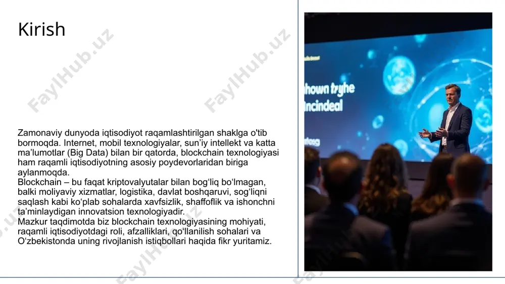 a yordam beradi. ma'lumotlar to'plami va tahlili blockchain ma'lumotlar to'plamini real vaqt rejimida tahlil qilish imkonini beradi, bu esa biznes jarayonlarini optimallashtirishga yordam beradi. bu ma'lumotlarning shaffofligini va ishonchliligini ta'minlaydi. xavfsizlik va ishonchlilikni oshirish blockchain texnologiyasi tranzaksiyalarning xavfsizligini sezilarli darajada oshiradi. har bir operatsiya shifrlangan va uning mo'ljallangan ma'lumotlarga asoslanishi sababli, manipulyatsiya qilinishi juda qiyin. bu usul o'zaro ishonchni oshirish va sohtalashtirishni oldini olishda muhim rol o'ynaydi. biznes modellarini o'zgartirish 03 smart kontraktlar smart kontraktlar - muayyan shartlar bajarilganda avtomatik ravishda ishga tushadigan dasturiy kodlardir. ular har qanday turdagi bitimlarni yanada samarali va shaffof tarzda amalga oshirish imkonini beradi, shuningdek, har qanday aralashuvdan xoli bo'lishni ta'minlaydi. markazsizlashtirilgan platformalar markazsizlashtirilgan platformalar blockchain asosi bilan yaratiladi va bu biznes jarayonlarini osonlashtiradi. bunday platformalar nazoratni kamaytiradi va har bir ishtirokchiga o'z ma'lumotlarini saqlash va ulardan foydalanishga imkon beradi. yangi imkoniyatlar va innovatsiyalar blockchain yangi biznes modellarini yaratishga imkon beradi, masalan, turli xil iqtisodiy …