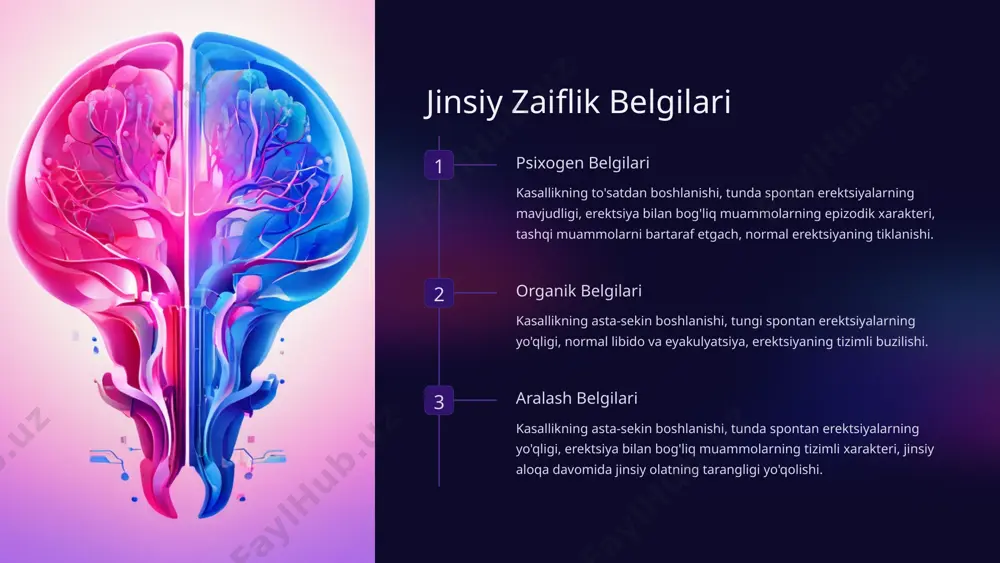 lib kelishi mumkin. bunday hollarda kompleks yondashuv talab qilinadi — dorilar, psixoterapiya va turmush tarziga ijobiy o'zgarishlar kiritish. jinsiy hayot va ruhiy sog'liq sog'lom jinsiy hayot ruhiy sog'liqqa ijobiy ta'sir ko'rsatadi. jinsiy zaiflik bilan kurashish uchun kompleks yondashuv muhim. 8 jinsiy zaiflik va qandli diabet qandli diabet jinsiy zaiflik qon tomirlarining shikastlanishi erektsiya buzilishi neyropatiya eyakulyatsiya buzilishi gormonal buzilishlar jinsiy qiziqishning pasayishi 9 jinsiy zaiflikni davolash samaradorligi 1 dorilar pde5 ingibitorlari va o'simlik moddalaridan tayyorlangan vositalar qisqa muddatli ta'sir ko'rsatadi. 2 jarrohlik usullari qon tomir operatsiyalarining samaradorligi juda past, faqat bir yoki ikki yildan ko'proq davom etadi. 3 protezlash erektil disfunktsiyani davolashda boshqa usullar foyda bermaganda falloprotezlash juda samarali usul hisoblanadi. 10 image1.png image2.png image3.png image4.png image5.png image11.png image6.png image7.png image8.png image9.png image10.png image12.png image13.png image14.png image15.png image16.png image17.png image18.png image19.png