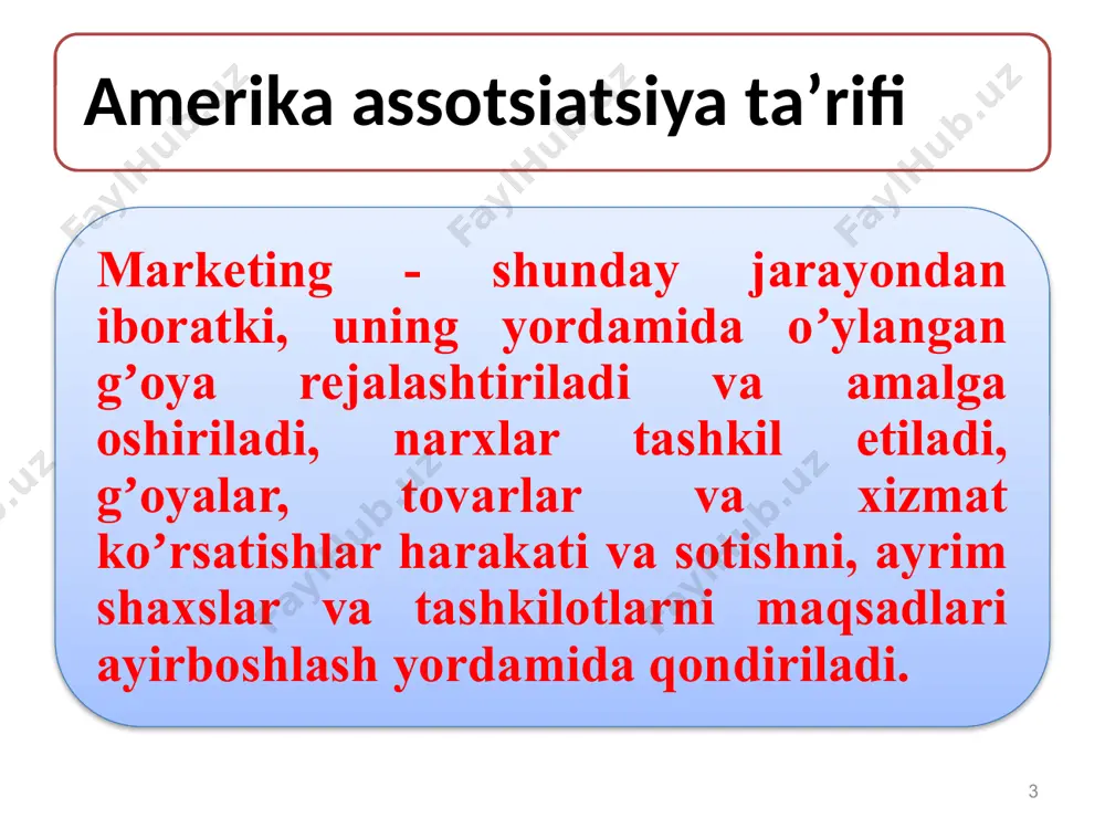 ona tushunarsiz holatlar yuzaga kelmasligiga, iloji boricha, harakat qiladi. chunki salbiy xabar raketadan ham tez yuradi, ijobiy xabar toshbaqadan ham sekin yuradi. 4. xaridorlarsiz biz hecb qanday biznes yurita oimaymiz biznes faoliyatining muvaffaqiyatli amalga oshishi har taraflama xaridorga bog‘liq. 5. xaridor fikridan kelib chiqib brend yutadi yoki yutqazadi xaridorlaming turli xususiyatlaridan kelib chiqib ularni segmentlarga ajratish va maqsadli segmentni tanlab unga xizmat ko‘rsatish shu bilan birgalikda xaridor ishonchini qozonish lozim. 12 4. marketing jarayoni strategik marketing tahlili marketing-miksni rejalashtirish marketingni amalga oshirish marketing nazorati 1-chizma. marketing jarayonining tarkibiy tuzilishi 13 2-chizma. marketing jarayoni 14 marketing konsepiyasini ishlab chiqish bosqichlari rejalashtirilayotgan natijalarga erishish maqsa- dida marketing faoliyati elementlarini tanlash marketing strategiyasini aniqlash marketing faoliyati va korxonaning maqsadlarini aniqlash ichki va tashqi muxit strategik taxlilini amalga oshirish 15 ishlab chiqarish konsepsiyasi marketing evolyusiyasi konsepsiyalari an'anaviy marketing konsepsiyasi узаро алокавий маркетинг концепцияси ijtimoiy-axloqiy marketing konsepsiyasi sotish konsepsiyasi tovar konsepsiyasi 16 17 sotish xajmini …