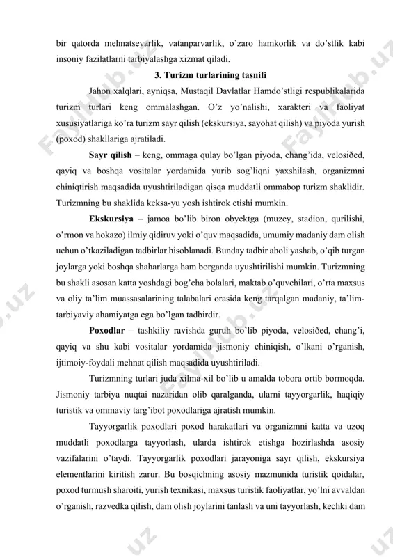uni tayyorlash, kechki dam olish va tunashni uyushtirish, gulxan yoqish va shu kabi sohalarni o’rganish yotadi. chidamlilik, kuchlilik, tezlik va boshqa jismoniy sifatlarni ham oshirish murakkab poxodlarda ishtirok etishni ta’minlaydi. haqiqiy turistik poxodlar turizmning tiðik turlaridan biridir. u ko’p kun (birnecha kundan to bir oygacha) davom etib, marshrut va harakat usullarining xilma-xilligi bilan boshqalaridan tubdan farq qiladi. ular sport klublari yoki maxsus turistik muassasalarda ro’yxatdan o’tkaziladi, shuningdek, murakkab turistik poxodlarni uyushtirish uchun yuqorida ko’rsatilgan tashkilotlardan ruxsat olinadi. bunday poxodlarni jamoatchi-instruktor, tajribali va maxsus tayyorgarlikka ega bo’lgan turistlar boshqaradi va rahbarlik qiladi. sport poxodlari – bu asosan sportga taalluqlidir; bunday hollarda murakkab poxodlarning qiyinchilik darajalari, masofaning uzunligi, tabiiy to’siqlarning qiyinchilik darajalari, aholi yashaydigan joylarga yetib borish tartiblari, sinovli poxodlar soni va boshqa shartlar qo’yilgan bo’ladi. targ’ibot-tashviqot poxodlari – yirik ijtimoiy-siyosiy yoki sport anjumanlariga bag’ishlangan bo’lib, uning maqsadi jamoatchilik va ommani turizmga jalb etishdan iboratdir. bunday hollarda jamoalardagi ilg’or tajribalar almashinadi, turistik …