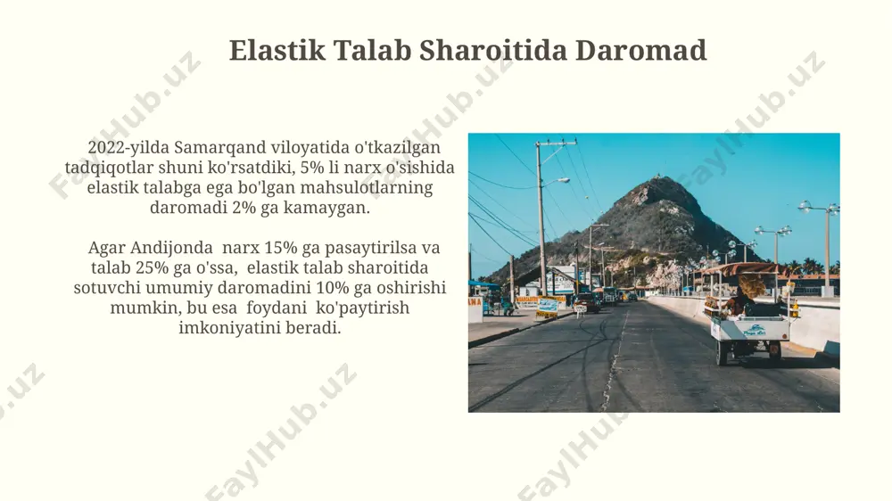 atijasida olingan ma'lumotlar, 3 turdagi mahsulot uchun turli xil narx elastikligi koeffitsientlarini (0,5, 1,2 va 1,8) aniqlash imkonini berdi, bu esa sotuvchilar uchun muhim qarorlar qabul qilishga yordam beradi. bozor tadqiqotlari, masalan, toshkent shahridagi 1000 ta iste'molchini o'rganish orqali, mahsulotga bo'lgan talabning narxga sezuvchanligini 0,8 kabi koeffitsient bilan aniqlash imkonini beradi. sotuvchining daromadining narxga bog‘liqligi andijon bozorida o‘tkazilgan kuzatuvlarga ko‘ra, meva-chevaning narxi 8% ga tushirilganda, sotish hajmi 30% ga oshgan, bu esa sotuvchining umumiy daromadi 20% ga ko‘tarilishini ta’minlagan. o‘zbekistonning samarqand shahridagi 50 ta do‘konda o‘tkazilgan tadqiqot shuni ko‘rsatdiki, narx 10% ga ko‘tarilganda, ayrim mahsulotlarning sotilishi 15% ga kamaygan, bu esa sotuvchining daromadining pasayishiga olib kelgan. narx o‘zgarishi va daromad o‘zgarishi o‘rtasidagi bog‘liqlik samarqand viloyatida o'tkazilgan tadqiqotlar shuni ko'rsatdiki, narxning 5% ga oshishi, qishloq xo'jaligi mahsulotlarining sotilishi 2% ga kamaygan, bu esa past narx elastikligini bildiradi. narxning 10% ga pasayishi toshkent shahridagi elektronika do‘konida sotilgan mahsulotlar sonining 20% ga oshishiga …