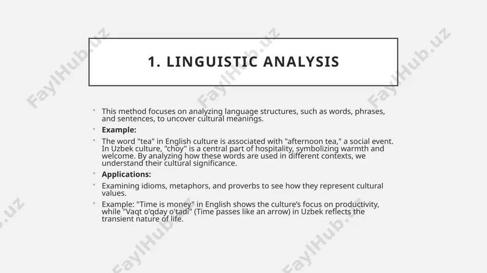 " (also polite, but sometimes culturally tied to a more direct relationship-based approach). this method helps analyze how culture influences politeness strategies. 5. sociolinguistic surveys surveys and interviews collect information about how people use language in real life and how they connect it to their culture. example: a study asking people in uzbekistan how they interpret proverbs like "katta odamning soyasi katta" (a great person casts a large shadow) can reveal societal values about leadership and influence. 6. cultural semantics this method focuses on the meaning of culturally significant words and how they reflect worldviews. example: the concept of "freedom" in english may highlight individual autonomy, while in uzbek, "erkinlik" might emphasize collective well-being and social harmony. researchers examine how cultural context shapes the interpretation of such terms. 7. corpus analysis this involves using large collections of texts (a corpus) to find patterns in how language reflects culture. example: a …