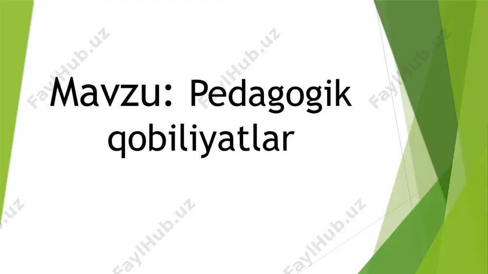 yati didaktik qobiliyat bu bolalarga o’quv materiallarini aniq va ravshan tushuntirib, oson qilib yetkazib berish qobiliyatidir. perseptiv qobiliyat bu o’quvchining ichki dunyosiga kira bilishi, psixologik kuzatuvchanlik, vaqtinchalik psixik holatlarni tushuna bilishdir nutq qobiliyati kishining o’z his tuyg’ularini shu bilan birga mimika va pantomimika yordamida aniq va ravshan qilib ifodalab berish qobiliyatidir avtoritar qobiliyat bu o’quvchilarga bevosita emotsional irodaviy tasir etib, ularda obro’ orttira bilishdan iborat qobiliyatdir pedagogik hayol bu kishining o’quvchilar shaxsini tarbiyaviy tomondan loyihalashtirishda o’z harakatlarining natijasini oldindan ko’ra bilishda namoyon bo’ladi diqqatni taqsimlay olish bu bir vaqtning o’zida diqqatni bir qancha faoliyatga qarata olishda namoyon bo’ladi e’tiboringiz uchun rahmat! image1.png image2.png image3.png image4.png image5.png image6.png image7.png image8.png