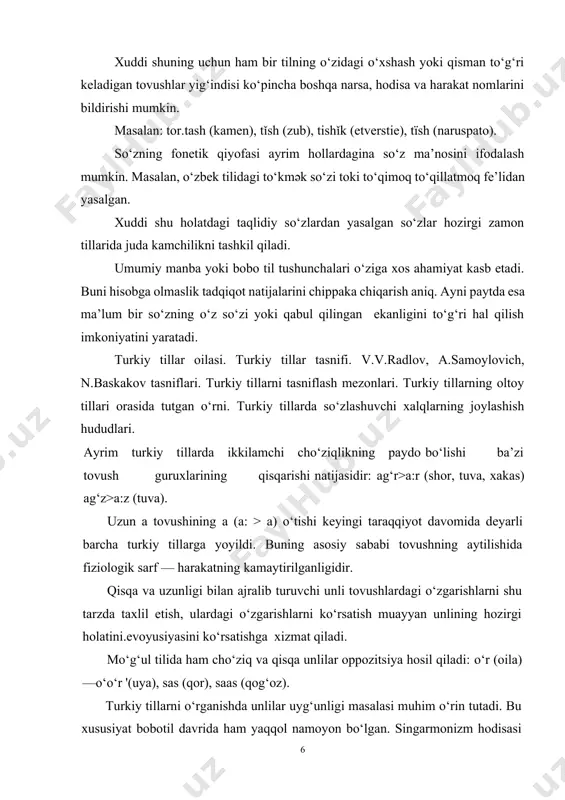 bo‘tin (yoki bo‘g‘inliklardagi) unlilarning, ba’zan undoshlarning artikulyasiya o‘rni va usuliga nisbatan moslashuvidir. a.m.shcherbak bir bo‘g‘inli so‘zlardagi unli sifat jihatidan doimiy va mustaqil bo‘lib, ko‘p bo‘g‘inli so‘zlardagi keyingi unlilar esa birinchi bo‘g‘inga muvofiqlashuvini ta’kidlagan. palatal (tanglay) singarmonizmi ko‘rinishi qadimiy bo‘lib, unda boshqa unlilar birinchi bo‘g‘inga qarab moslashadi. [ta-.g‘larda). tanglay singarmonizmi ko‘p bo‘shnli so‘zlarning keyingi bỳg‘inlarida ỳz kuchini yỳqotishi mumkin ( turkman:bilmaydiran, turkcha-uor-dash chuvashcha-sam qo‘shimchalari). hozirgi ayrim turk tillarida lab singarmonizmi ham uchraidi. bunda birinchi bo‘g‘inda lablangan unlshshng borligi tufaili keyingilarida ham lablangan unli keladi-(qirg‘iz koldor, turkcha solu) bu holat o‘g‘uz va qiiok shevalarida keng tarqalgan. unlilar tizimi jihatidan chuvash tili o‘z fonetikasi bilan ajralib turadi. qadimgi davrdan boshlab singarmonizm chuvash tilida uchramaydi. (inezem (sigir); if sem (ish)). ba’zan tor unlilarning kengayishi uyg‘unlikning buzilshpiga olib kelganligi ko‘rinadi. masalan,n.k. dmitriev, qipchoqcha o va u tovushlari orqa artikulyasiyaga egaligini ta’kidlaydi. turkiy tillarda singarmonizm variantlari ham keng uchraydi. bunda haggo bir turkiy til doirasida ham …