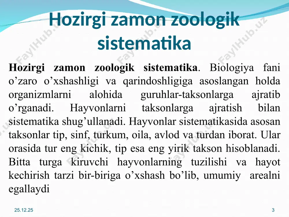 i va uning klassifikatsiyasi" (1817) asarida hayvonlarni 4 ta asosiy shoxga ajratgan. (nurlilar, boʻgimlilar, mollyuskalar, umurtqalilar) nomini bergan. * * biologlarning eng katta yutuqlaridan biri tabiiy sistemani yaratilishi. filogeniya- hayvonot dunyosining evolyutsion yoki qarindoshlik o’zaro bog’liqligi. kladistika – bu filogenetik sistematika bo’lib, uning maqsadi turlarning qarindoshlik o’zaro bog’liqligini ta’riflash orqali filogenetik shajarani (daraxt) yaratish. qarindoshlik munosabatlari ikkita aniq sistematik guruhlarga mansub yoki taksonlarga mansubligi belgilari orqali aniqlanadi. ikkita guruhga ham tegishli belgilar – sinapomorfii (umumiy irsiy belgilar); taksonlar bitta yoki bir nechta belgilari - sinopomorfiy bilan o’xshasa opa-uka (sestrinskiy) taksonlar deyiladi. sinapomorfiyalar avlodda kuzatilsa ajdodlardagi evolyutsion yangilik – autapomorfiey (noyob o’ziga xos belgi) deyiladi. qarindoshlik taksonlardan alohida avlodlar ajralib chiqsa-monofiletik taksonni hosil qiladi. * * yaqin monofiletik tаkson yaqin qarindoshlar formalari bilan bitta ajdoddan kelib chiqgan. masalan: bo’g’imoyoqlilarda bo’g’imli harakat organlarining bo’g’imli bo’lishi qisqichbaqasimonlarda va xeletseralilarda bo’lmasdan traxeyalilar ham kiradi. bo’g’imli harakat organlar umumiy irsiy belgi bo’lmasdan, ajdodlarning belgisi yoki …