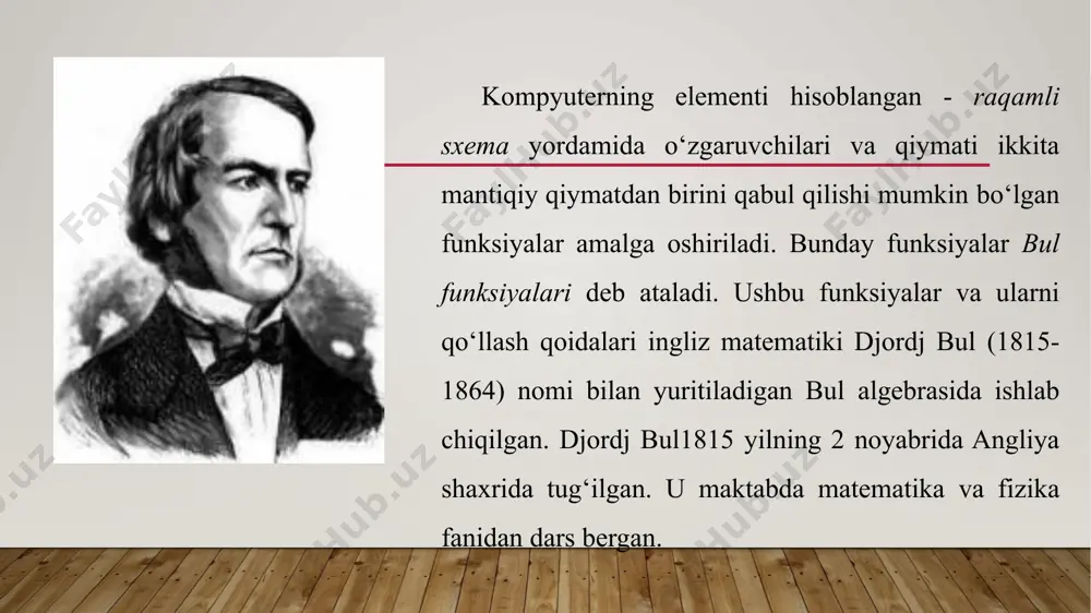 hilik sifatida ishlaydi. kritik qiymat deganda - mantiqiy 1-ga to‘g‘ri keladigan kuchlanishdan kichikroq bo‘lgan kuchlanishning qiymati tushuniladi. bunda tranzistorning kollektoriga berilayotgan +vcc kuchlanishi natijasida hosil bo‘lgan tok, tranzistor orqali uning emitteriga o‘ta olmaydi. natijada sxema uchun chiqish signali hisoblangan vout kuchlanishining qiymati, +vcc kuchlanishining qiymatiga yaqin qiymatga teng bo‘ladi. ushbu xildagi tranzistorlar uchun odatda +vcc = 5v. 2-rasm. ne (not) - inkorlash amalini bajaruvchi element. mavzuga doir misollar e’tiboringiz uchun rahmat! image2.png image5.jpeg image6.jpeg image7.jpeg image8.jpeg image9.jpeg image10.jpeg image11.jpeg image12.jpeg image13.png image14.jpeg image15.png image16.png image17.png image18.png image19.png image20.png image21.png image22.png image23.png image24.png image25.png image3.jpg /docprops/thumbnail.jpeg