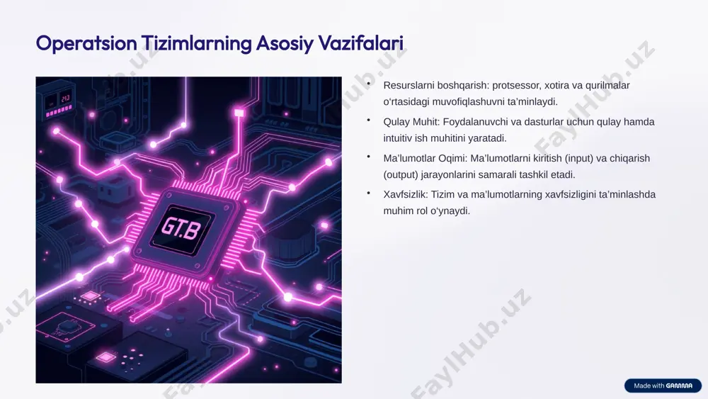 iya yuragi operatsion tizimlar zamonaviy texnologiyalar dunyosining yuragi bo‘lib, har bir qurilmaning samarali ishlashi uchun zaruriy poydevordir. linux kabi ochiq manbali tizimlar esa texnologik erkinlik va innovatsiyalarni ta’minlaydi. kelajakda ham operatsion tizimlar bizning raqamli hayotimizni shakllantirishda davom etadi. e'tiboringiz uchun rahmat! 10 image1.png image2.png image3.png image4.png image5.png image6.png image7.png image8.png image9.png image10.png image11.png image12.png image13.png image14.png