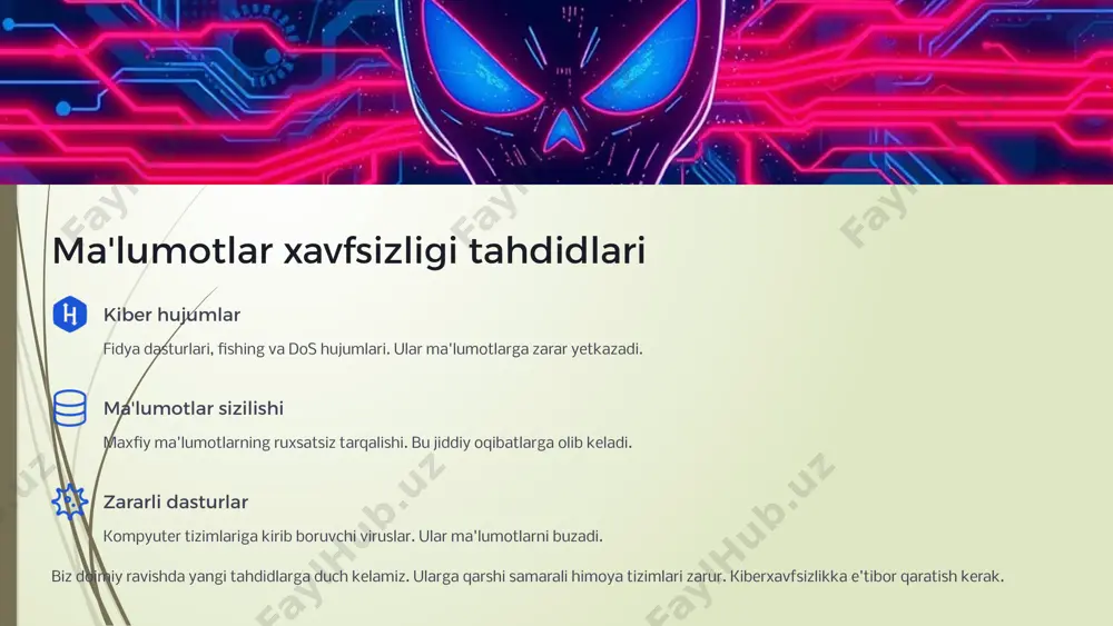 kamaytirish choralarini ko'rish. tiklash tizimlarni normal holatga qaytarish. ma'lumotlarni tiklash jarayonini bajarish. o'rganish hodisadan xulosa chiqarish. kelajakdagi xavfsizlikni kuchaytirish. hodisalarni samarali boshqarish xavfsizlikni kuchaytiradi. har bir bosqich muhim ahamiyatga ega. tayyorlik yuqori bo'lishi kerak. 5 xavfsizlik madaniyati xodimlar treningi xodimlarni xavfsizlik qoidalariga o'rgatish. fishing va boshqa tahdidlardan himoya qilish. hamkorlik bo'limlararo hamkorlikni kuchaytirish. xavfsizlik bo'yicha ma'lumot almashish. xabardorlik doimiy xabardorlikni oshirish. yangi tahdidlar haqida ma'lumot berish. kuchli xavfsizlik madaniyati tashkilotni himoya qiladi. har bir xodim himoyada ishtirok etishi kerak. bu jamoaviy mas'uliyatdir. 6 kelajak texnologiyalari sun'iy intellekt tahdidlarni avtomatik aniqlash. xavfsizlik jarayonlarini optimallashtirish. kvant kriptografiyasi ma'lumotlarni mutlaqo xavfsiz shifrlash. kelajakdagi tahdidlarga tayyorgarlik. bulut xavfsizligi bulutli infratuzilmani himoya qilish. ma'lumotlarning bulutda xavfsizligini ta'minlash. bu texnologiyalar kiberxavfsizlik sohasida inqilob yaratadi. ular kelajak tahdidlariga qarshi kurashadi. doimiy innovatsiya zarur. 7 asosiy xulosalar va keyingi qadamlar kompleks yondashuv texnologiya va inson omilini birlashtirish. xavfsizlikka har tomonlama e'tibor berish. doimiy monitoring tizimlarni muntazam nazorat qilish. …
