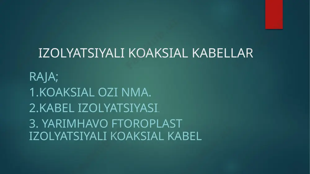 han tarkibga bog‘liq holda o‘zgaradi. markaziy o‘ragich: 1- o‘ralayotgan maxsulot; 2- tasma o‘rami yoki ipli baraban (simli); 3- o‘ragich diski; 4- yo‘naltiruvchi barmoqlar. qog‘oz izolyatsiyasini yo‘naltiruvchi moslamalari: a – oddiy; b – yassi; v – tangentsiali; g – yarim tangentsiali; 1 – o‘ralayotgan maxsulot; 2 – tasma o‘rami yoki ipli babina (simli); 3 – yo‘naltiruvchi barmoqlar. yarimhavo ftoroplast izolyatsiyali koaksial kabel simi bir, 7, 9 tolali mis, bronza asosida tayyorlaniladi. izolyatsiya f4d, f4mb kordelidan iborat bo‘lib, u mis sim ustiga spiral holda yotqizilgan. so‘ng f4 tasma yoki f4mb naycha yotqiziladi. uning ustidan bir-ikki qatlamli to‘qima yotqiziladi. kabel to‘lqin qarshiligi 50, 75, 100 om ga teng. etiboringiz uchun raxmat image6.jpg image7.jpg image8.jpg image9.jpg image2.png image3.png image4.png image5.png /docprops/thumbnail.jpeg