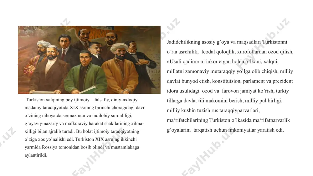 an milliy davlatchilikni vujudga keltirish, milliy g’oyalar qatlamini shakllantirish, adabiyot va san‘atning zamonaviy janrlarini rivojlantirish, ikkinchi tomondan mustamlakachilik siyosati ta‘siri ostida o’z milliy qiyofasini yo’qotayotgan turkiy til va milliy qadriyatlarni tiklash, milliy ma‘naviy-axlokiy takomillarni yanada kuchaytirish, milliy o’zligini anglash, milliy ong, milliy tafakkurni va diniy e’tiqodlarni mustaxkamlash kabi g’oyalarni asos qilib oladilar. albatta bu vazifalarni amalga oshirishda an‘anaviy islom dini, shariat asoslari va xadislar ham o’z ta‘sir kuchini saqlab turgan ta‘limotga suyanadilar. jadidchilar o’zlarining ilg’or g’oyalarini xalq o’rtasida tarqatish uchun milliy matbaachilikni rivojlantirish orqali, zamonaviy ta‘lim sistemasini joriy qilish, ilg’or g’arb mamlakatlariga maxalliy yoshlarni o’qishga junatish yo’li bilan amalga oshirishga harakat qildilar. umuman olganda, xix asr oxiriga kelib mahalliy ziyolilar birinchidan, xalqni ilmli-ma‘rifatli qilish orkali milliy ong va tafakko’rni o’yg’otishga, ikkinchidan, milliy davlatchilikni tiklash, turkiy til birligiga erishish, diniy va ma‘naviy qadriyatlarni mustaxkamlash, uchinchidan, markaziy osiyo xalqlarini zamonaviy va demokratik taraqqiyot yo’liga olib kirishga harakat qiladilar. jadidchilik aslida ma‘rifatparvarlik harakatining …