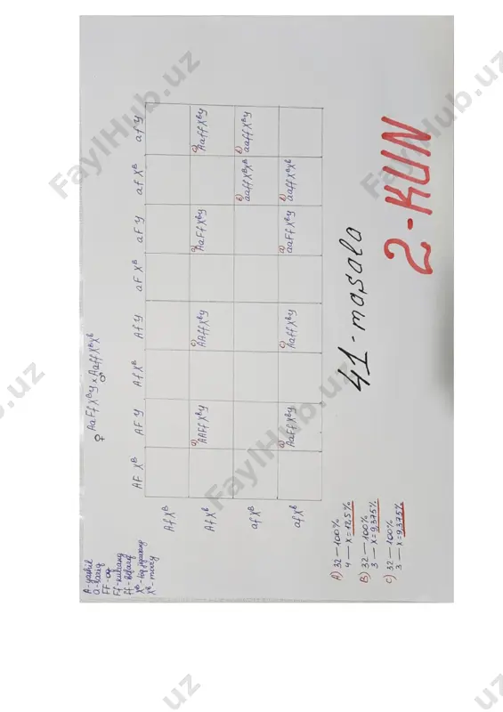 kataklariga ota-ona gametalarini va avlodlar genotipini yozing. berilgan ma’lumotlardan foydalanib quyidagi (a-c) topshiriqlarni bajaring. a) avlodning necha % ni kulrang patli, moviy ko’zli qushlar tashkil etishini aniqlang. b) avlodning necha % ni sariq patli, toq qo’ng’ir ko’zli qushlar tashkil etishini aniqlang. c) avlodning necha % ni yashil patli, moviy ko’zli qushlar tashkil etishini aniqlang 42-masala odamlarda b-talasemiya retsessiv irsiylanuvchi avtosoma gen kasalligi bo’lib, kasallik yuzaga chiqishi retsessiv genlar soniga bog’liq. bb-sog’lom, bb- yengil tur bilan kasallangan, bb-hayotini erta davrida talasemiya bilan nobut bo’ladi. daltonizm va gemofiliya kasalliklari jinsiy x xromasomaga birikkan retsessiv gen kasalliklari bo’lib chala birikkan xolda irsiylanadi genlar orasidagi masofa 20m ga teng. trigeterozigota (dominant genlarni faqat bir tarafdan olgan) beta-talasemiya bilan yengil kasallangan, daltonizm va gemofiliya bo’yicha sog’lom qiz. beta-talasemiya bilan yengil kasal, daltonizm bo’yicha sog’lom, gemofiliya bilan kasallangan yigitga turmushga chiqsa. yuqoridagi ma’lumotlardan foydalanib quydagilarni aniqlang. topshiriqni bajarish tartibi: 1) belgilar va ularni boshqaruvchi genlarni, ota-ona …