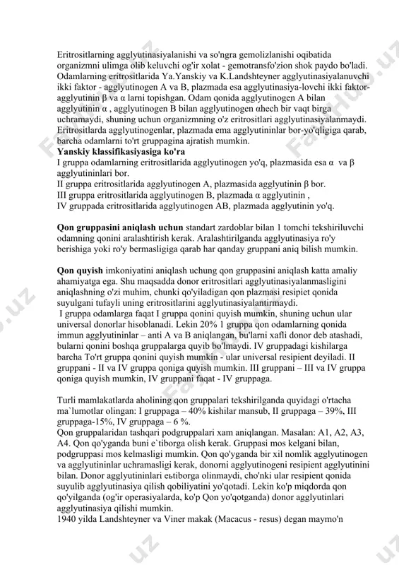 nlar. retraksiya – fibrin iplari kaltalashadi va yaqinlashadi, laxta zichlashadi. trombositlar parchalanishi natijasida trombostenin ajraladi. uning ta'sirida retraksiya ro'y beradi. energiya manbai bo'lib atf hisoblanadi, metabolizm prosesslari natijasida trombositlardan ko'p miqdorda ajraladi. fibrinoliz – bu qon laxtasini erishi – bu zanjirsimon jarayon. xozirgi vaqtda aniqlangan doimo qon da fibrinogenni oz miqdori fibringa aylanadi va qon da o'zliksiz fibrinoliz prosessi natijasida tenglashadi. to'qima va qon tomirlar shikastlanganda fibrin hosil bo'lishi usto'n bo'ladi va qon iviydi. plazma oqsillaridan biri plazminogen (profibrinolizin) to'qima va qon fibrinoqinozalar ta'sirida – aktiv shaklga – plazminga (fibrinolizinga) aylanadi. bu jarayonda tashqi – to'qima va ichki – qon aktivatorlari ishtirok etadi. plazmin – bu tripsinga o'xshash proteaza, buning ta'sirida fibrindan gidroliz yo'li bilan eriydigan peptid iplari o'ziladi va keyinchalik peptidazalar yordamida parchalanadi. plazmin boshqa faktorlarga xam ta'sir etadi- fibrinogenga, v, viii, xii va protrombinga, qon ivishini susaytiradi. plazminni aktivatorlari to'qima va qon fibrinokinazalar qon aktivatorlarini ta'siri proaktivatorlar bo'lganda …