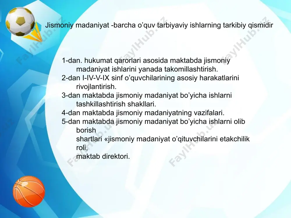 iladigan turli ommaviy jismoniy tarbiya va sport tadbirlarida qatnashishlarini uyushtiradilar. jismoniy tarbiya to’garagi. jismoniy tarbiyadagi sinfda tashqari ishlarning asosiy shakllaridan jismoniy tarbiya to’garagidir. to’garakning hamma ishlari o’quvchilar tashkiloti bilan birgalikda tasdiqlangan rеja asosida olib boriladi. har bir sinfda badantarbiya tashkilotchisi saylanib u o’quvchilarni jismoniy tarbiya to’garagining tadbirdarida qatnashishga jalb etadi. boshlang’ich maktabdagi sharoit va shug’ullanuvchilarning miqdoriga qarab to’garakni tashkil qilish shakllaridan biri tanlanadi. to’garakni tashkil qilish har bir sinf uchun alohida yoki o’quv matеrialini o’zlashtirishda orqada qolayotgan barcha boshlang’ich maktab o’quvchilari uchun alohida bo’ladi. to’garak ichida 20-30 kishidan iborat bo’lgan o’quv guruhlari ajrataladi mashg’ulot haftasiga bir-ikki marta 45 daqiqazal o’tkaziladi. vazifalar: a) kichik yoshdagi maktab o’quvchilari harakatlanish rеjimini faollashtirish. b) o’quvchilarning maxsus bilimlari va harakat ko’nikmasi ko’lamini kеngaytirish. v) jismoniy mashq mashg’ulotlariga bo’lgan qiziqishlarini shakllantirish. mashg’ulot mazmuni, yo’nalishi o’quvchilarning har tomonlama jismoniy rivojlanishi, ularning «harakatlar maktabi»ni egallashlari, to’g’ri qad-qomatni shakllantirshp, o’quv dasturi matеrialini sifatli o’zlashtirishni ta'minlashi kеrak. mashg’ulotga maktab dasturidagi …