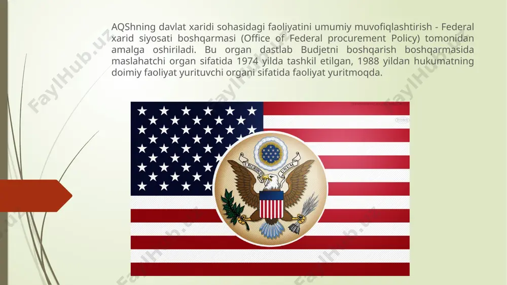 earch and development agency), kosmik tadqiqotlar hamda aeronavtika milliy boshqarmasi (national aeronautics and space adminstarion, nasa) va boshqalar. federal xarid bo’yicha monitoringni amalga oshirish xarid siyosati federal boshqarmasi (office of federal procurement policy) zimmasiga yuklatilgan, xarid siyosati sohasida idoralararo muvofiqlashtirish esa federal xaridni tartibga soluvchi kengash tomonidan amalga oshiriladi - (federal acquisition regulatory council). xarid sohasiga tegishli bo’lgan barcha qonunchilikni ikki toifaga ajratish mumkin. birinchi toifa - umumfederal qonunchilik. mazkur qonunlar davlat xaridini tashkil etish jarayonini tartibga soladi, federal darajadagi ijroiya organlari vakolatiga tegishli bo’lgan xaridning ayrim turlarini amalga oshirish bo’yicha yuridik me’yorlarni belgilaydi. ikkinchi toifa - shartnomalar shakli va ularni amalga oshirish bo’yicha maxsus qonunchilik bo’lib, u xarid jarayonlarini axborot bilan ta’minlash va uning natijasi tahlilini amalga oshirishni tartibga soladi. aqshda davlat xaridi tizimi davlat, xo’jalik, ilmiy-texnik komplekslar bo’yicha 100 ga yaqin fedaral idoralarni o’z ichiga oladi. ular har yili tovar va xizmatlarga bo’lgan talabni markaziy boshqaruv federal organi, …
