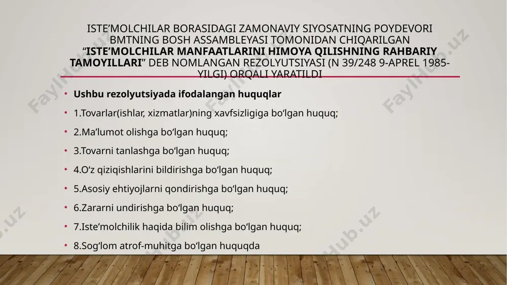 ning 2002-yil 28-noyabrdagi № 414-sonli “isteʼmolchilar huquqlarini himoya qilishda jamoatchilik ishtirokini kengaytirish chora-tadbirlari toʻgʻrisida”gi qarori; - oʻzbekiston respublikasi vazirlar mahkamasining 2003-yil 31-yanvardagi № 330-sonli “nooziq-ovqat isteʼmol tovarlari bilan savdo qilishni takomillashtirish chora-tadbirlari toʻgʻrisida”gi qarori; - 2003-yil 13-fevraldagi № 75-sonli “oʻzbekiston respublikasida chakana savdo qoidalarini hamda oʻzbekiston respublikasida umumiy ovqatlanish mahsulotlarini (xizmatlarini) ishlab chiqarish va sotish qoidalarini tasdiqlash toʻgʻrisida”gi qarori (ushbu qarorga 2003-yil 15-may kungi № 217- sonli oʻzbekiston respublikasi vazirlar mahkamasining qarori bilan muayyan oʻzgartirishlar kiritilgan); - oʻzbekiston respublikasi vazirlar mahkamasining 2002-yil 5-dekabrdagi № 427-sonli “oʻzbekiston respublikasiga isteʼmol tovarlari olib kelishni takomillashtirish chora-tadbirlari toʻgʻrisida”gi qarori; - oʻzbekiston respublikasi vazirlar mahkamasining 2002-yil 20-avgustdagi № 295-sonli “litsenziyalashni bekor qilish hamda isteʼmol tovarlarini olib kelish va oʻzbekiston respublikasining ichki bozorida sotishni takomillashtirish chora-tadbirlari toʻgʻrisida”gi qarori; - oʻzbekiston respublikasi vazirlar mahkamasining 2000-yil 5-avgustdagi № 307-sonli “ichki bozorni dori-darmon vositalari va tibbiyot buyumlari bilan taʼminlashga doir qoʻshimcha chora-tadbirlar toʻgʻrisida”gi qarori. qonun osti hujjatlari bilan tasdiqlangan …